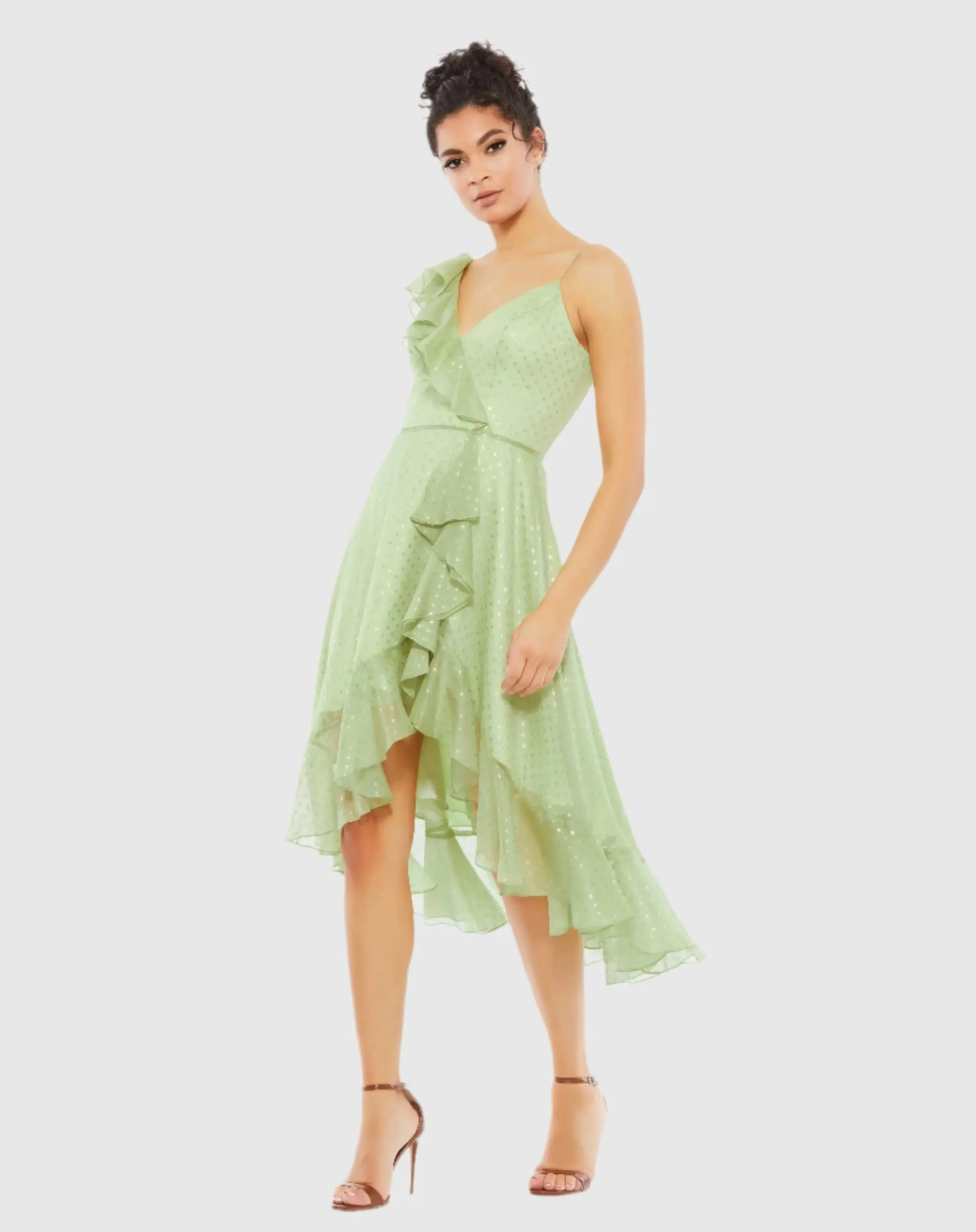 Green Ruffled Faux Wrap Polka Dot Midi Dress