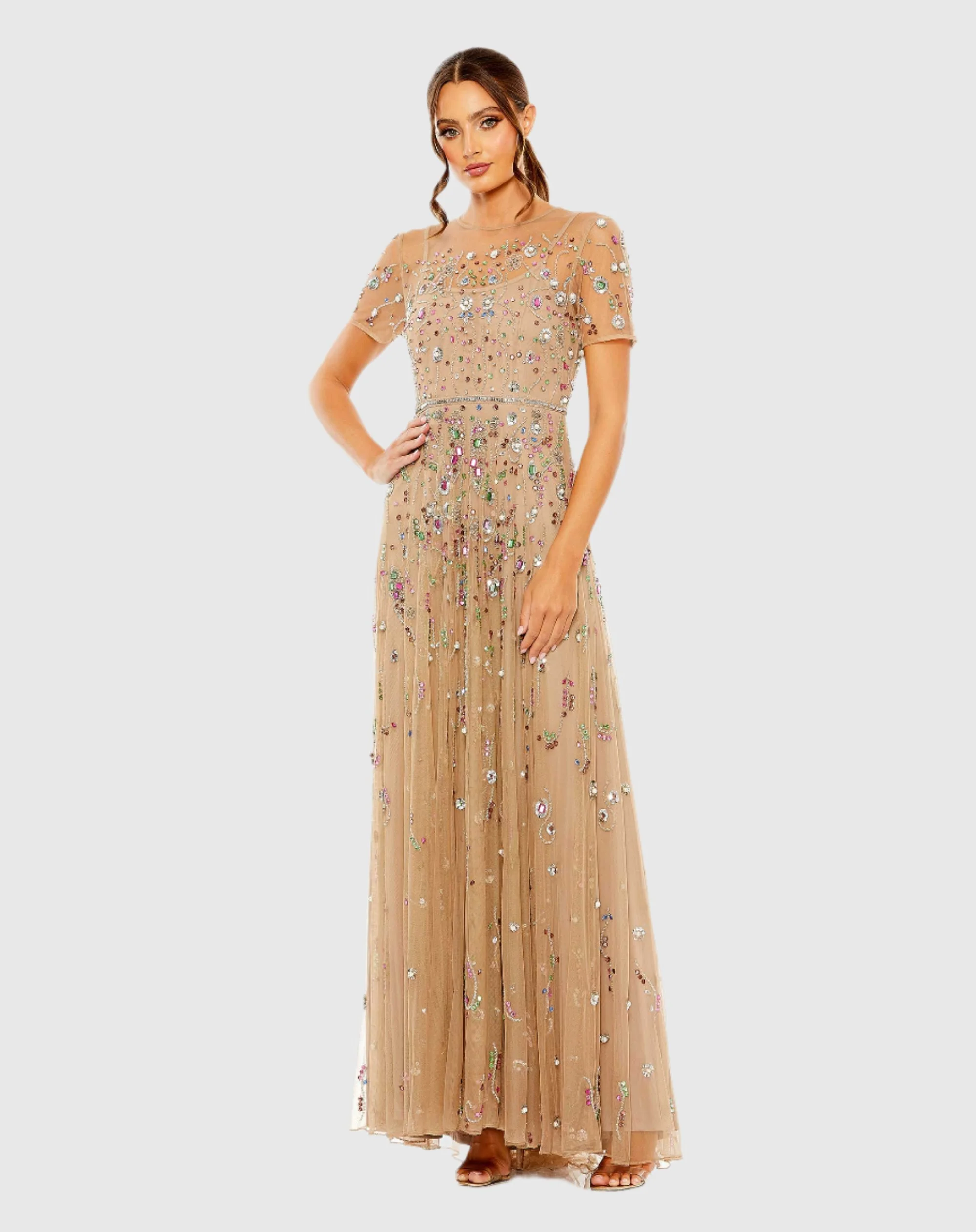 Short Sleeve High Neck  Embellished Sequin Detail A-Line Gown