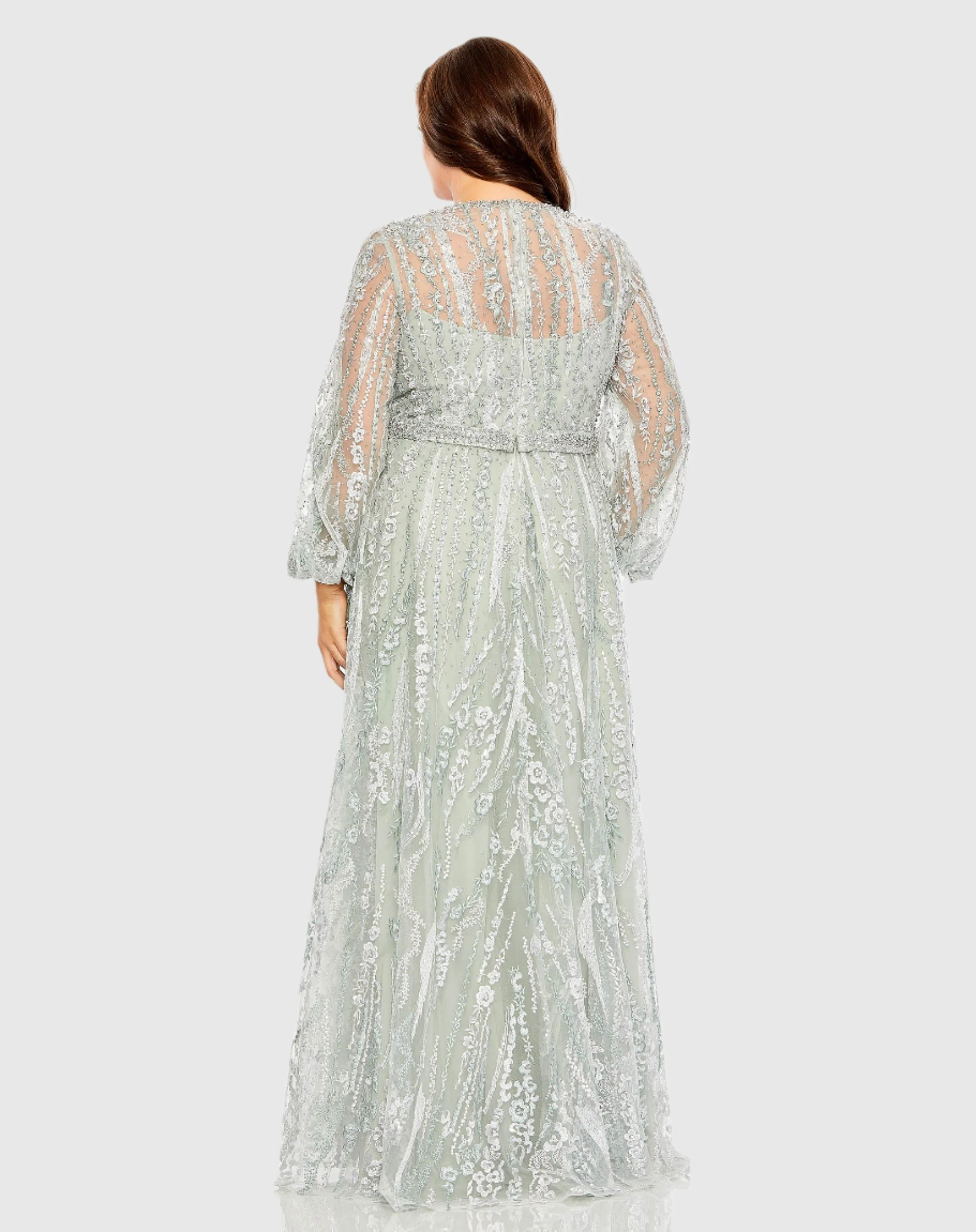 Green V Neck Puff Sleeve Embroidered A Line Gown