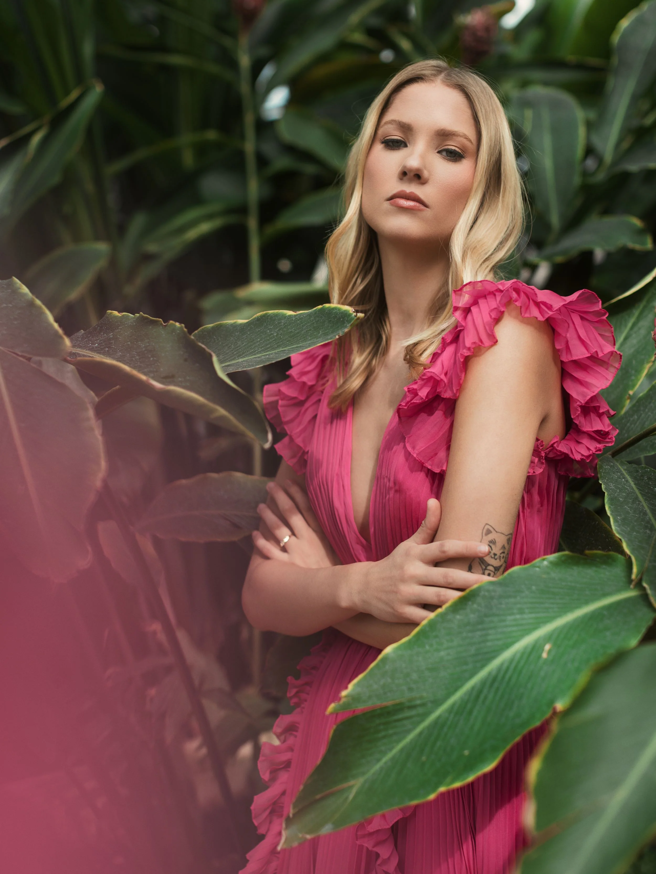 Pink Pleated Ruffle Cap Sleeve Flowy A Line Gown