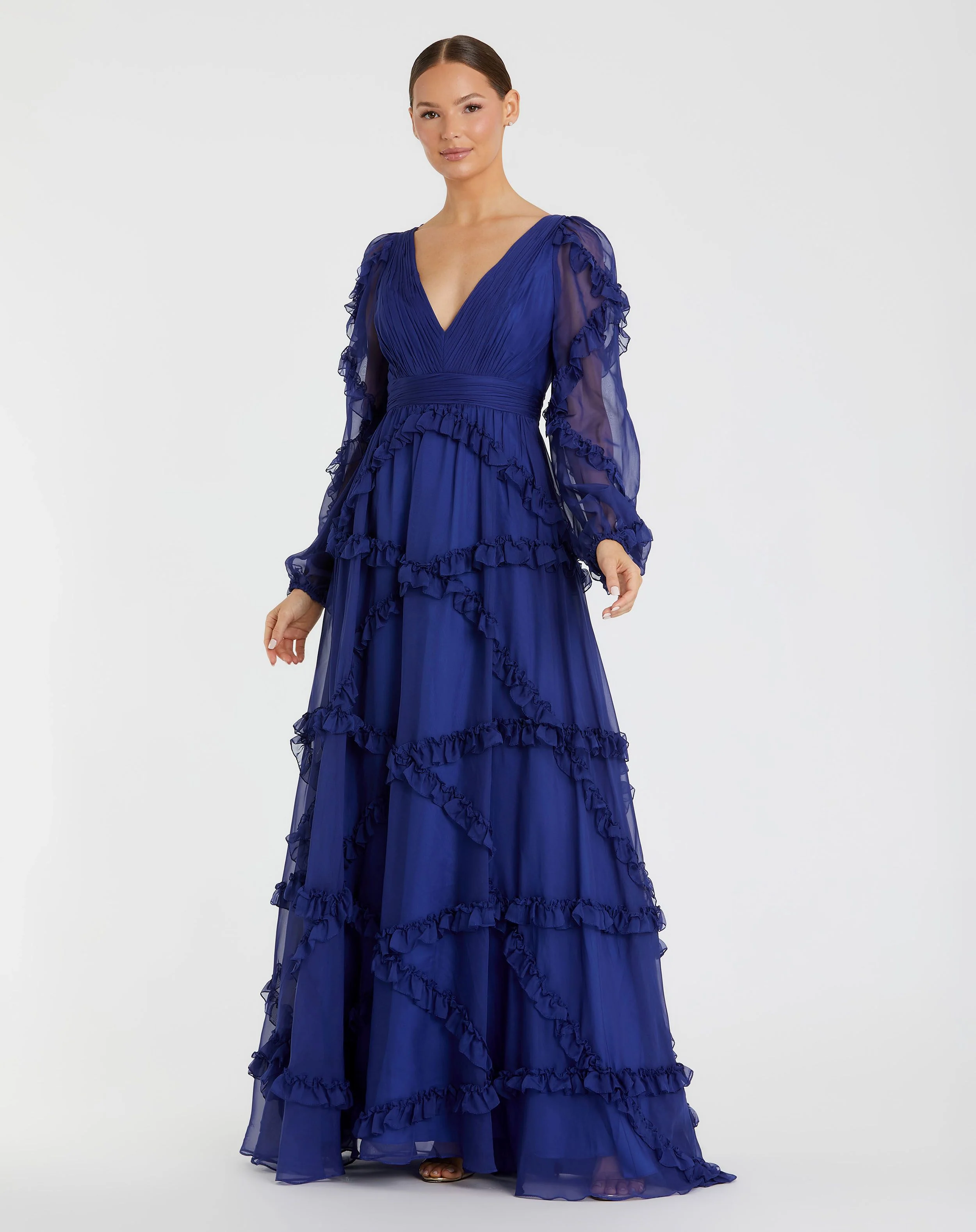 Blue Cascade Ruffle Puff Sleeve A Line Gown