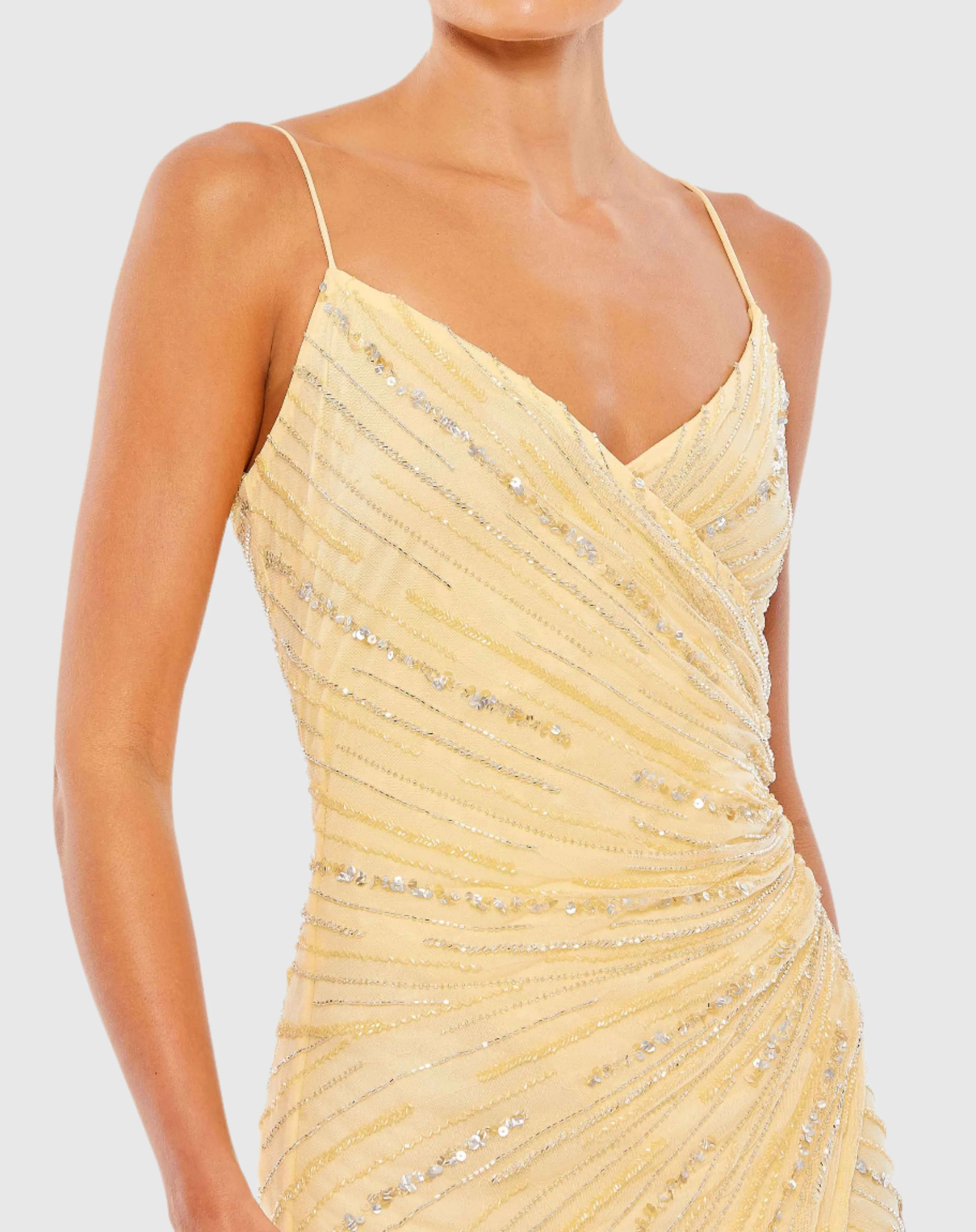 Yellow Beaded Sleeveless Faux Wrap Gown