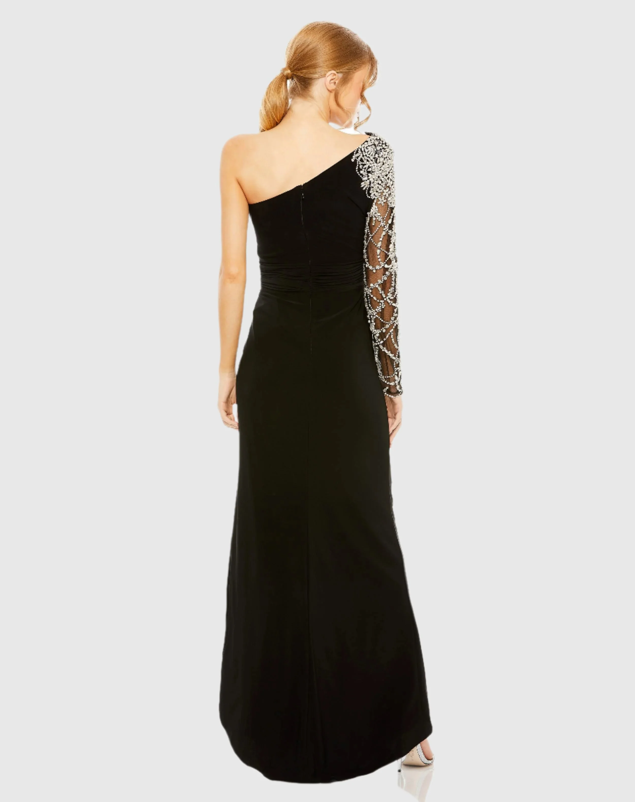 Black Embellished One Shoulder Long Sleeve Gown