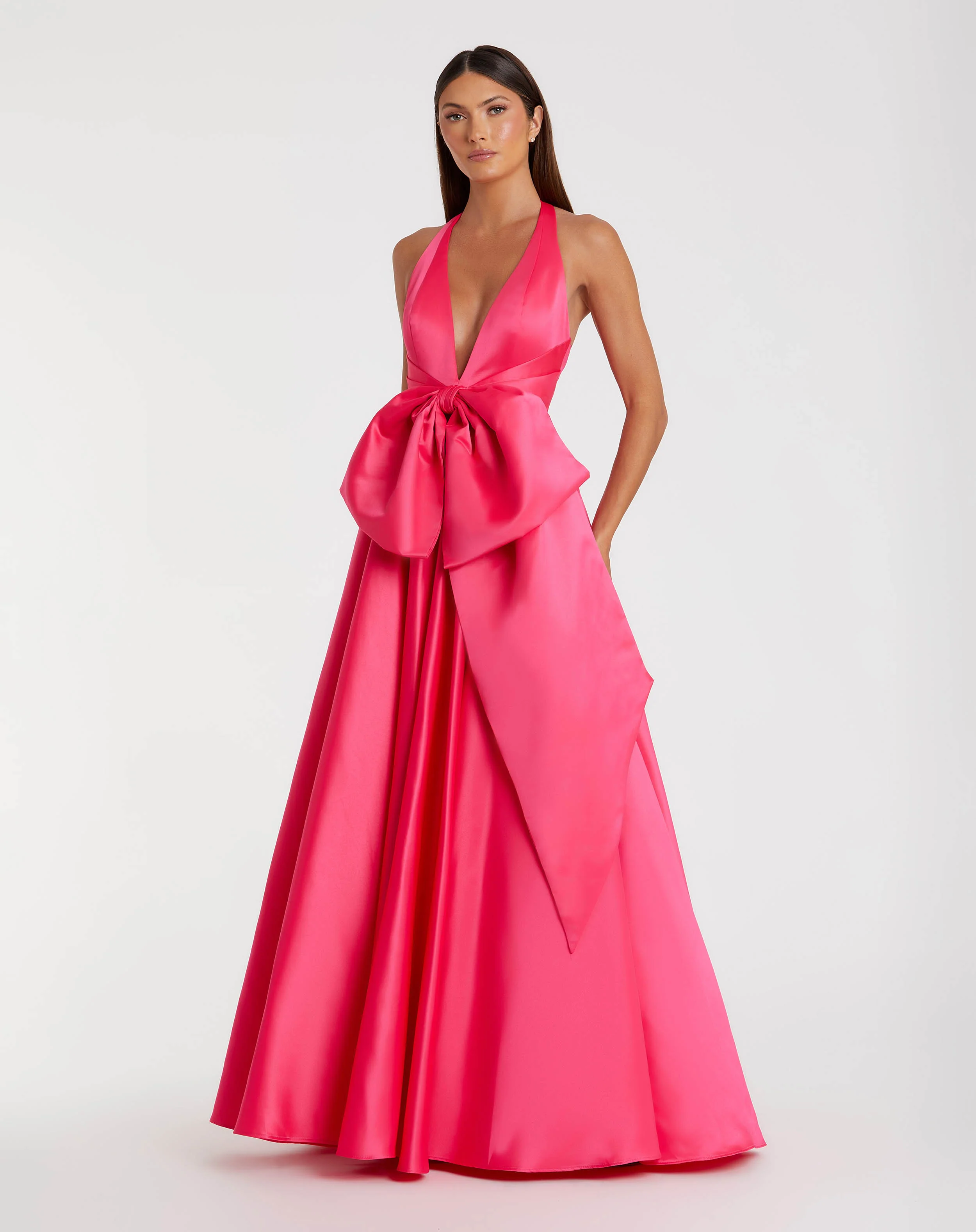 Pink Sleeveless Deep V Satin Gown With Oversized Bow