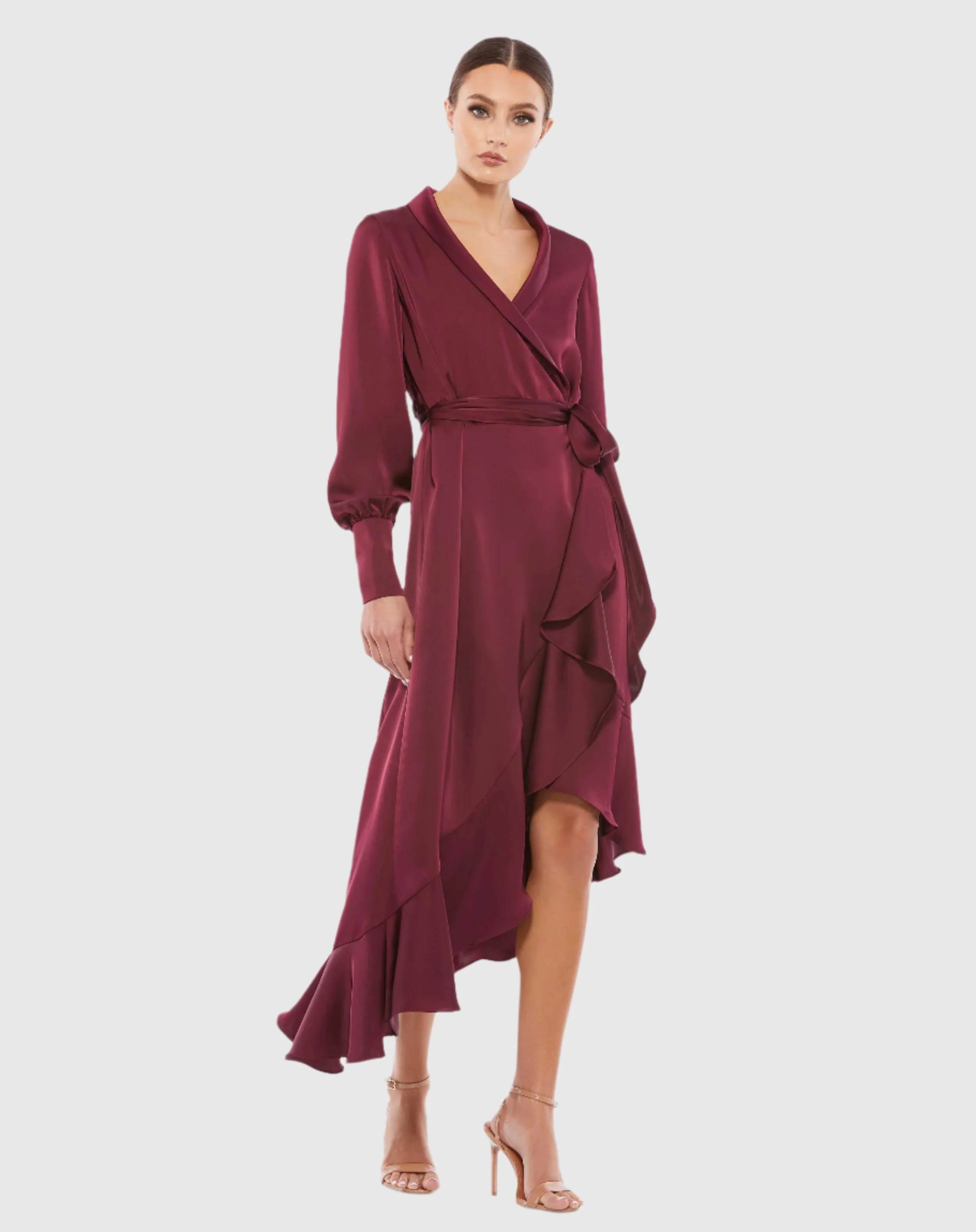 Red Long Sleeve Faux Wrap Midi Dress