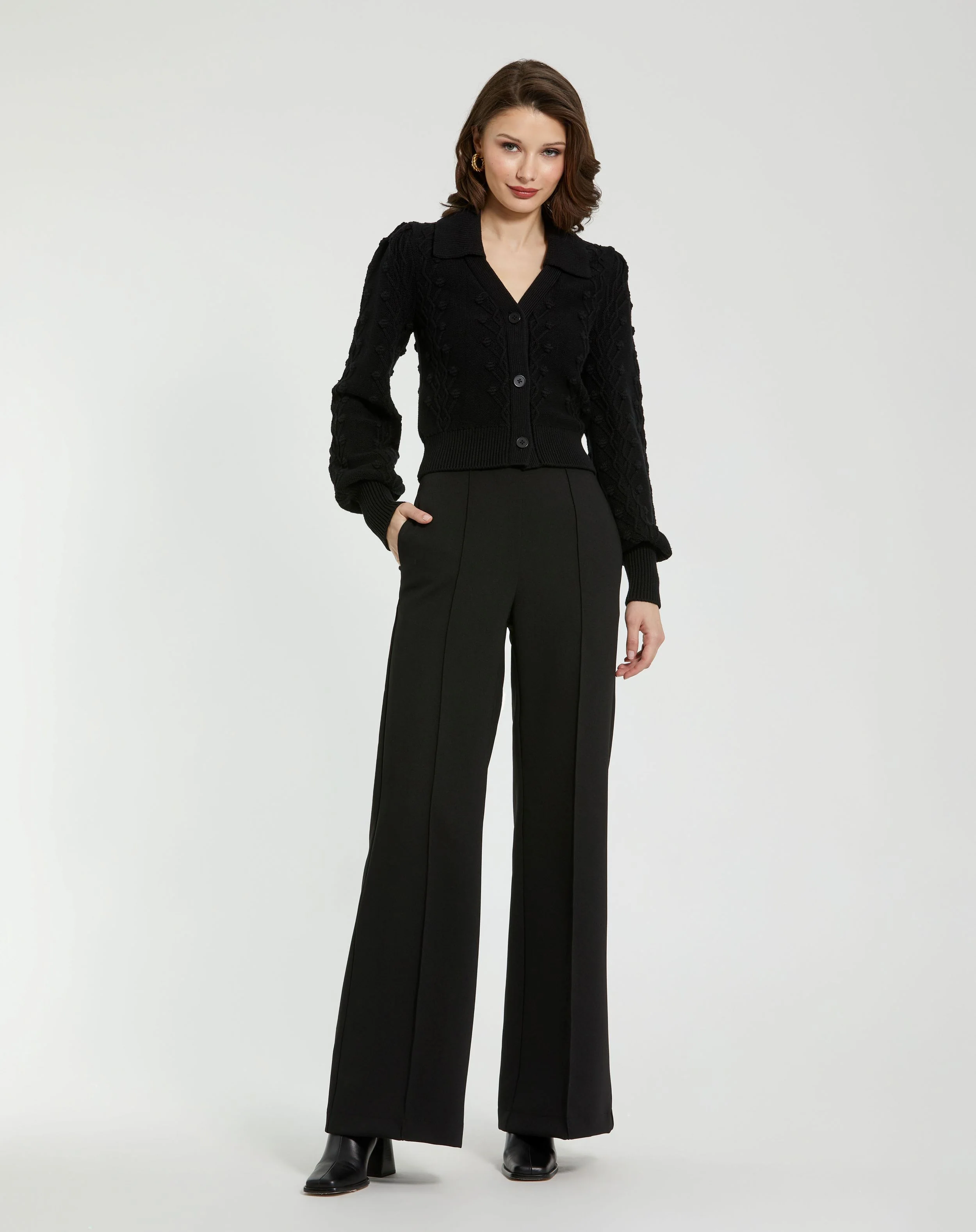 Cropped Bobble Cable Knit Button Up Cardigan Sweater