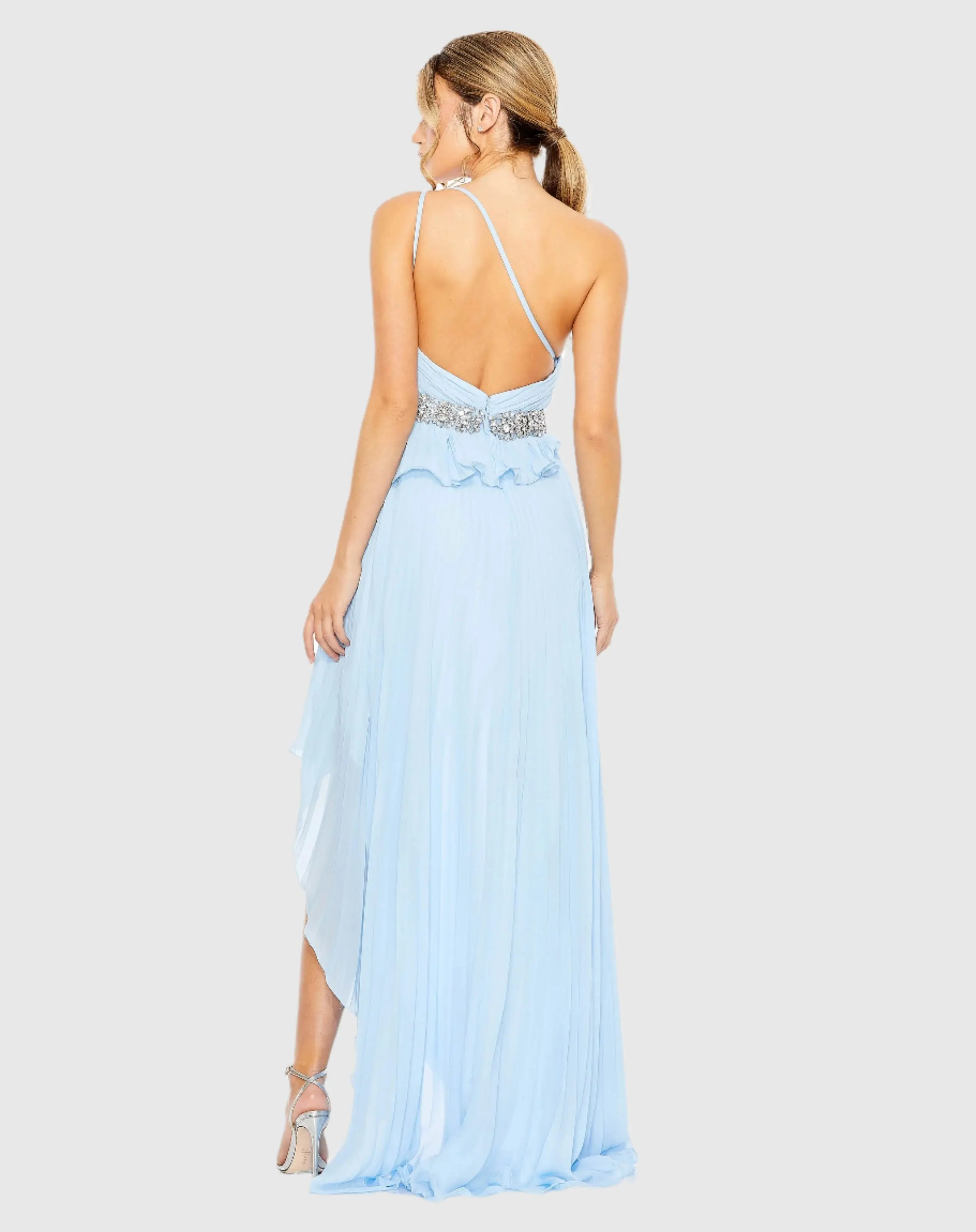 Blue Pleated One Shoulder Asymmetrical Ruffle Hem Gown