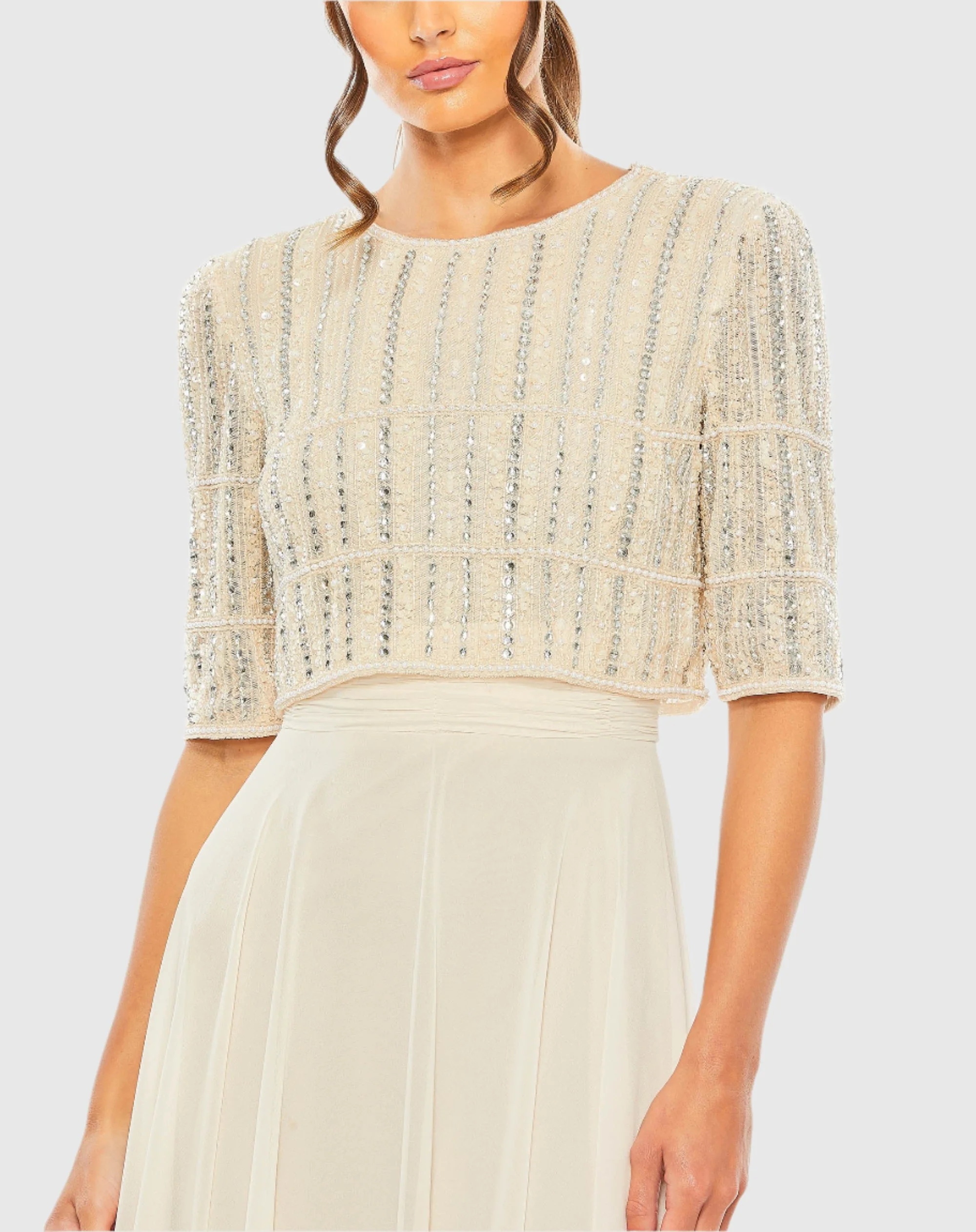 Beige Chiffon Gown w/ Fully Beaded 3/4 Sleeve Top