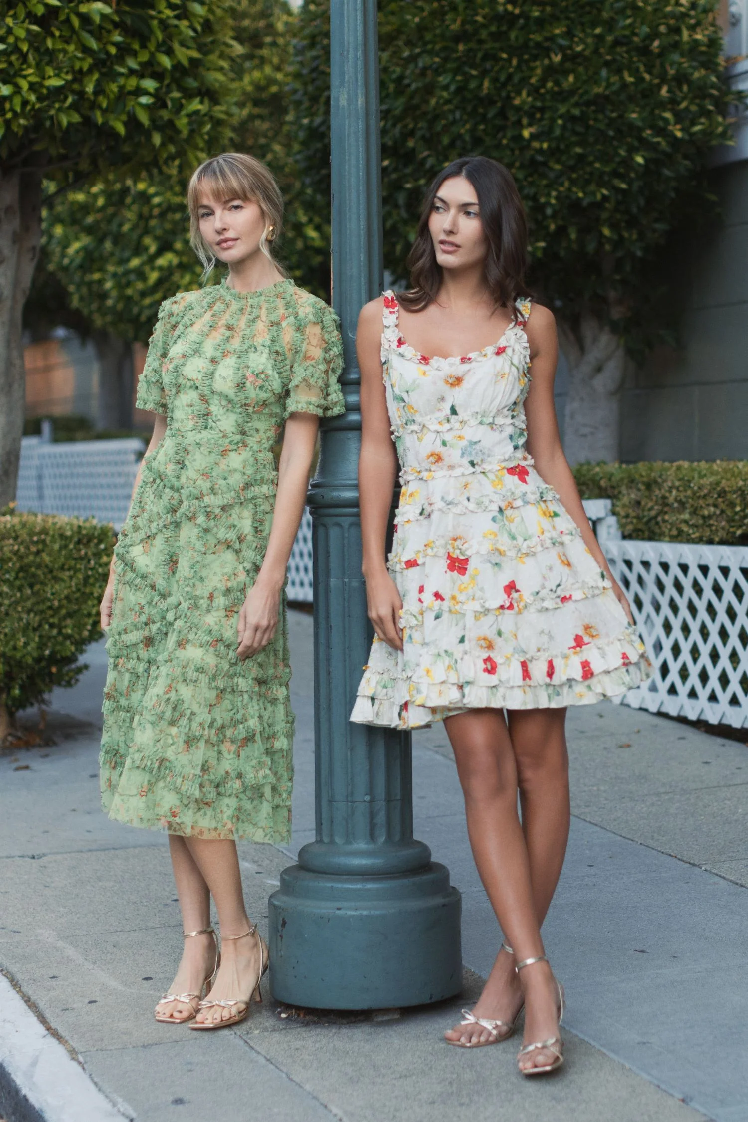 Green Floral Flutter Sleeve Mesh Print Dress