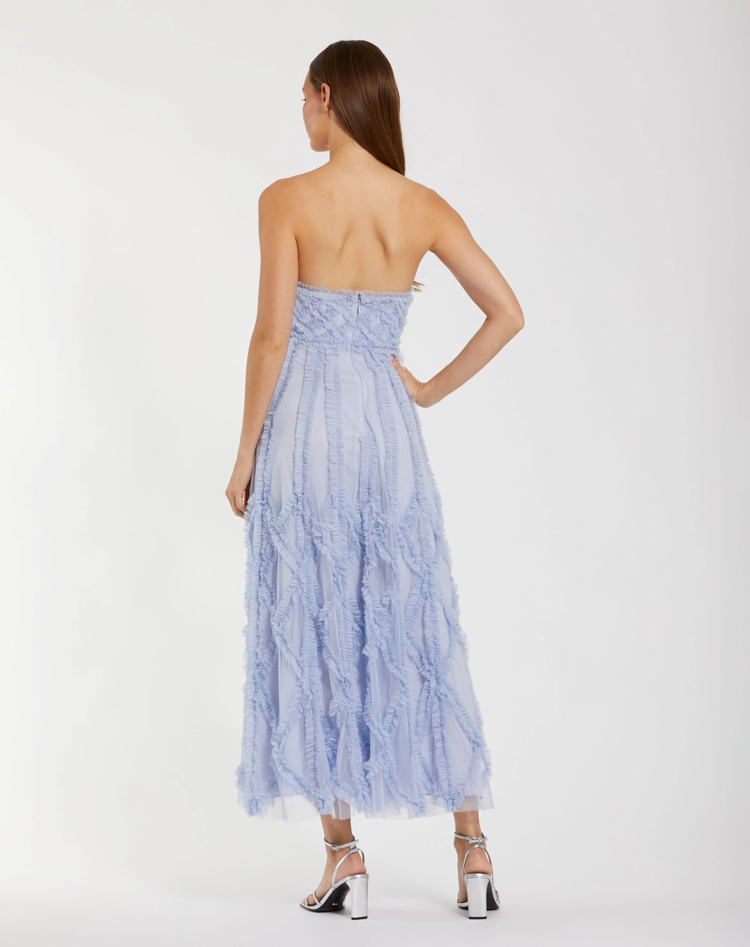 Blue Dotted Mesh Ruffle Strapless A-Line Dress