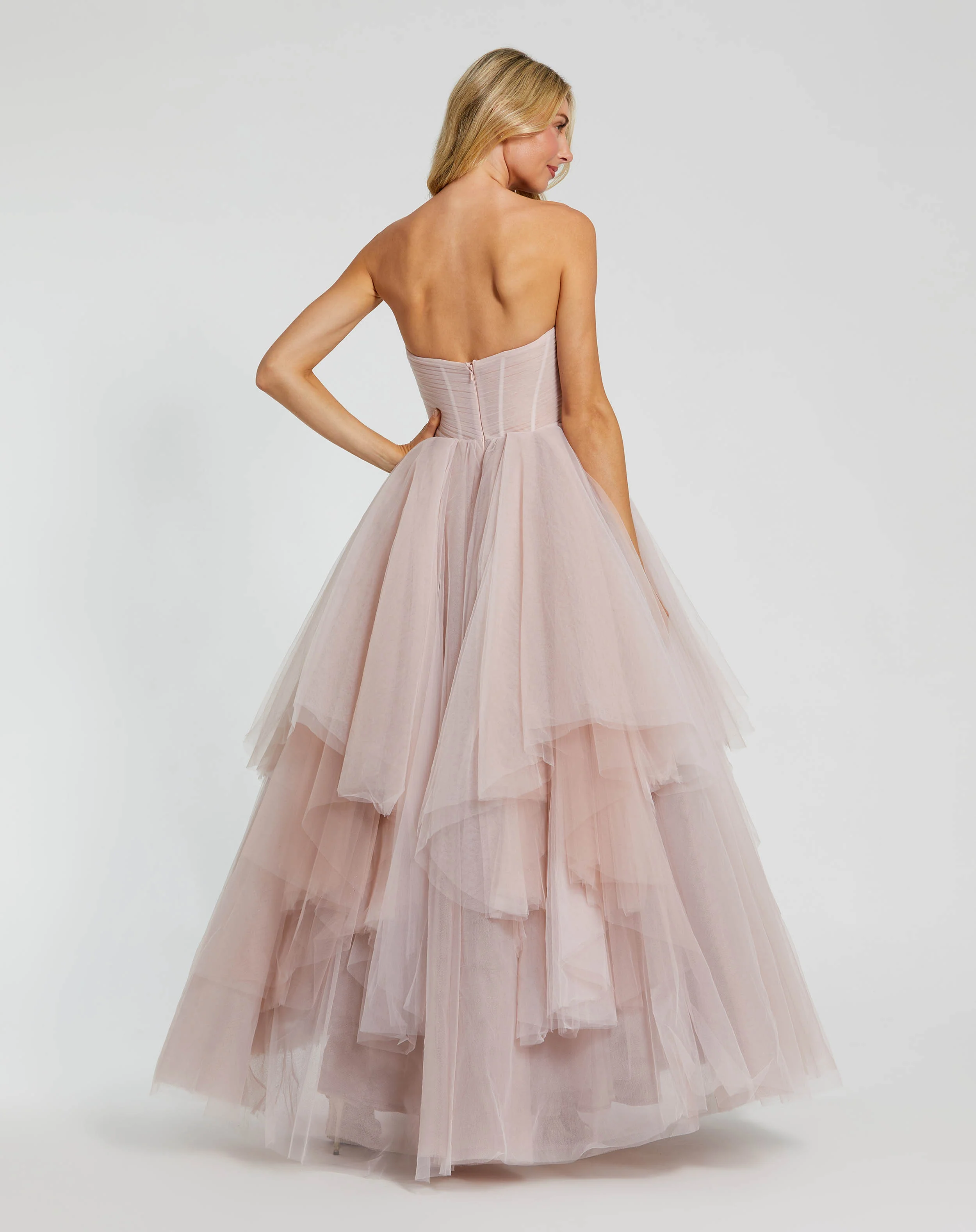 Pink Strapless Bustier Twist Top Ruffle Ballgown