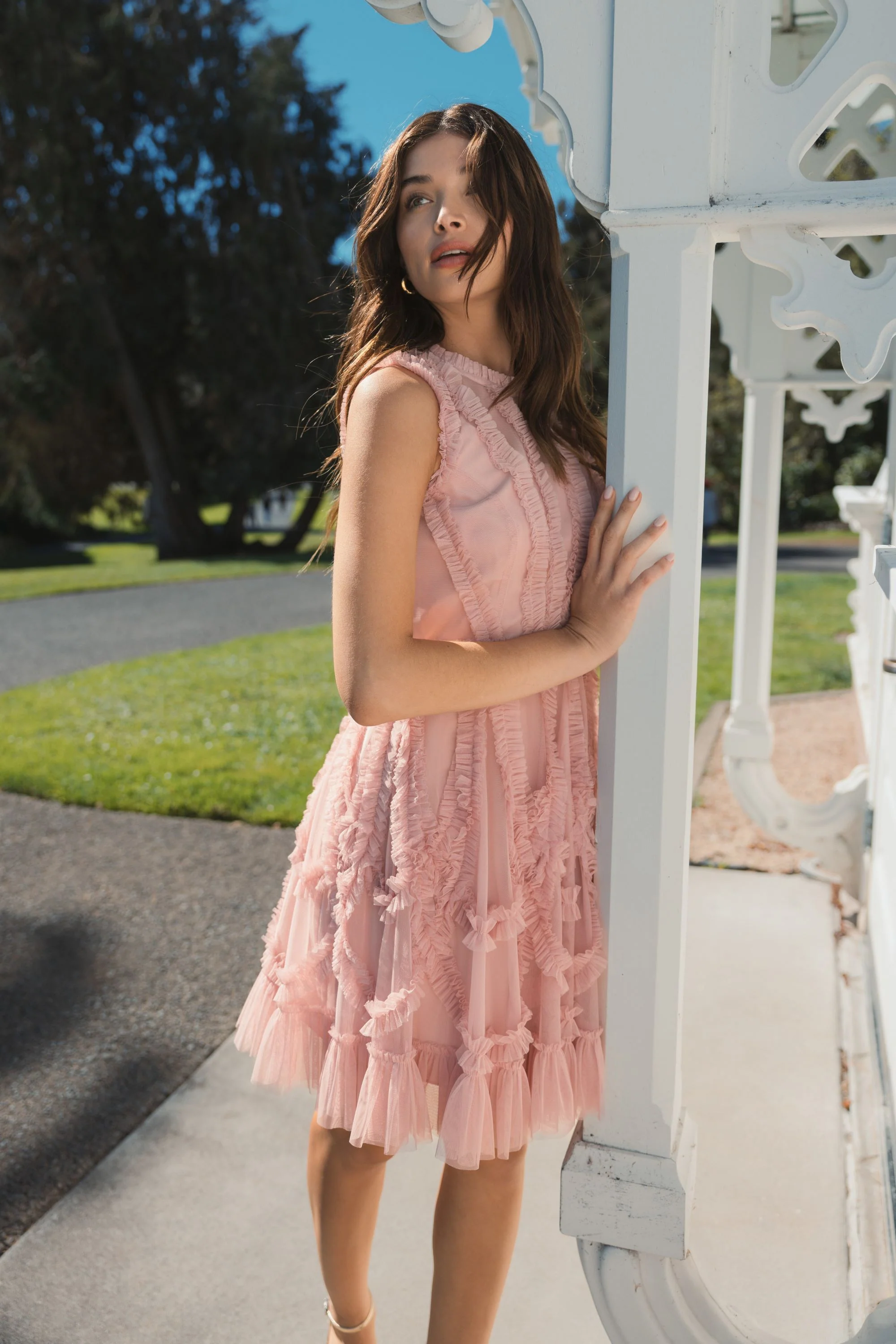 Pink Mesh Micro Ruffle High Neck Mini Dress