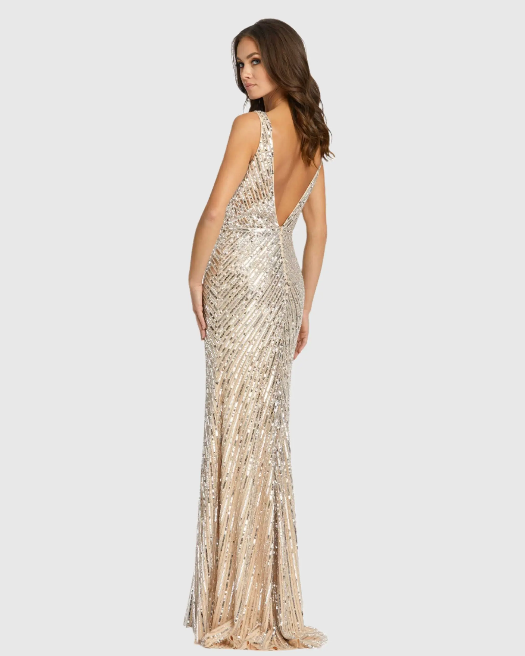 Sleeveless Diagonal Sequined V-Neck Gown