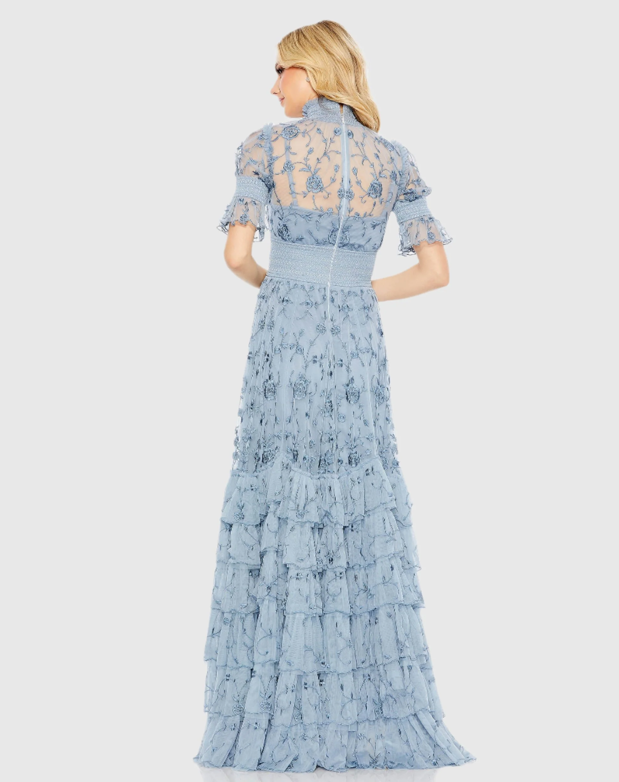 Blue Embroidered Floral Tiered Smock Neck Gown