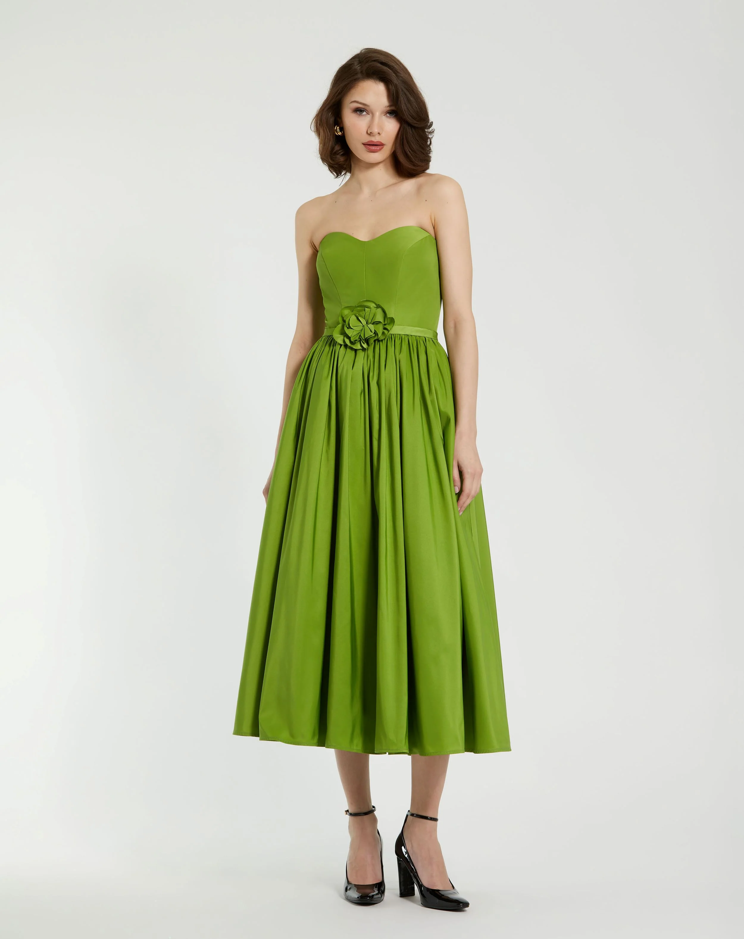 Green Faille Strapless A Line Midi Dress With 3D Rose