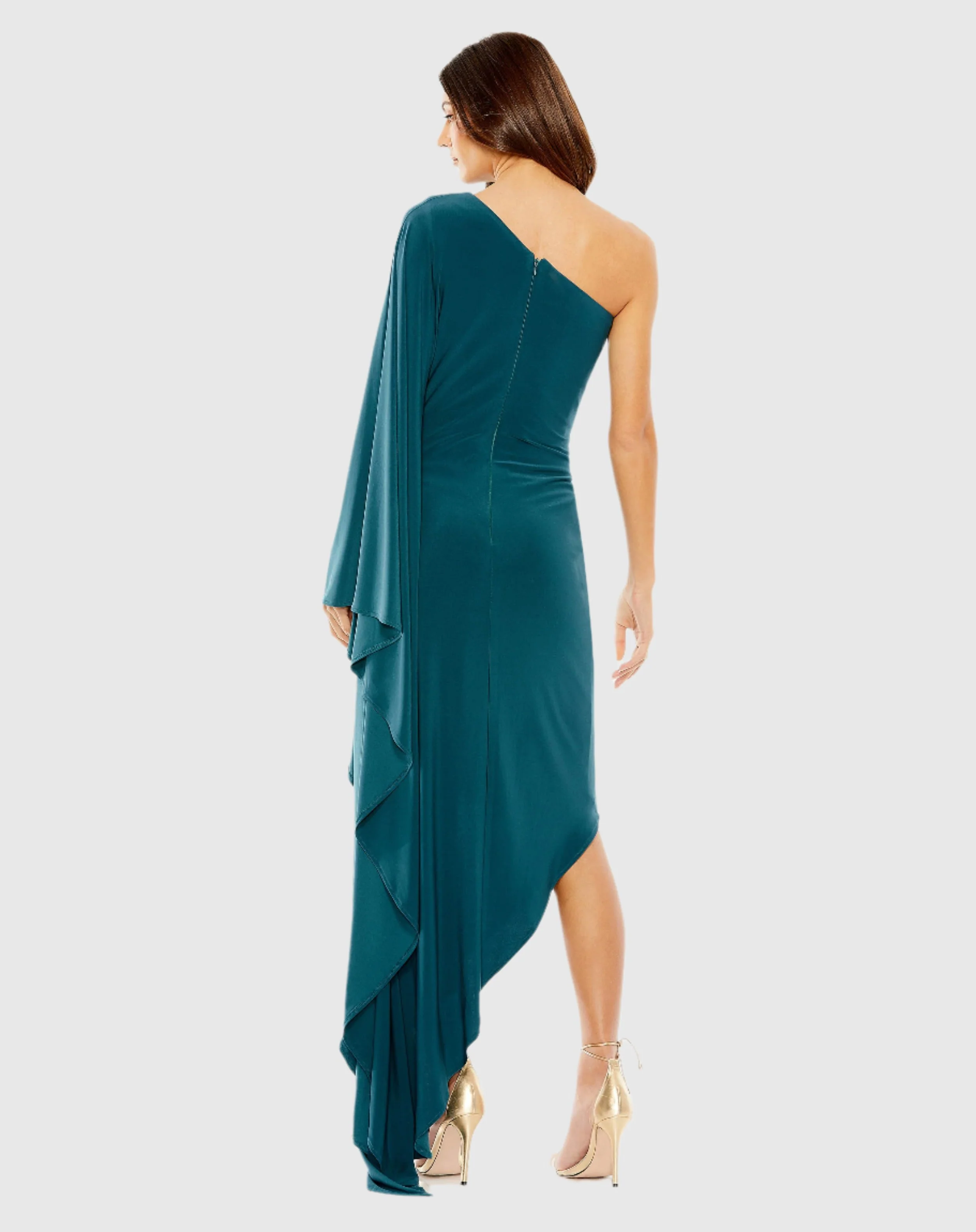 Blue One Shoulder Cape Sleeve Ruched Detail Jersey Gown