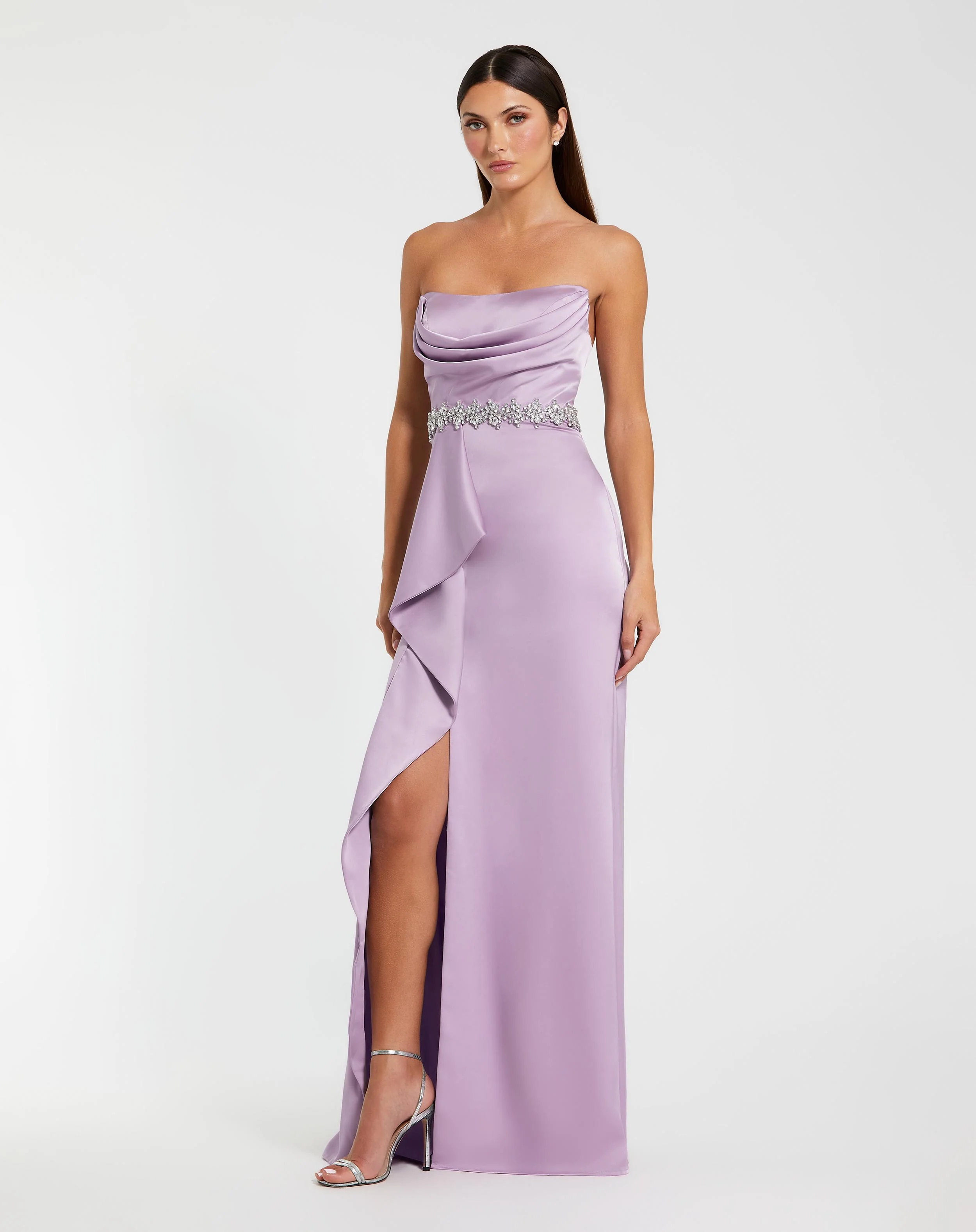 Purple Strapless Satin Gown With Embellished Belt Detail