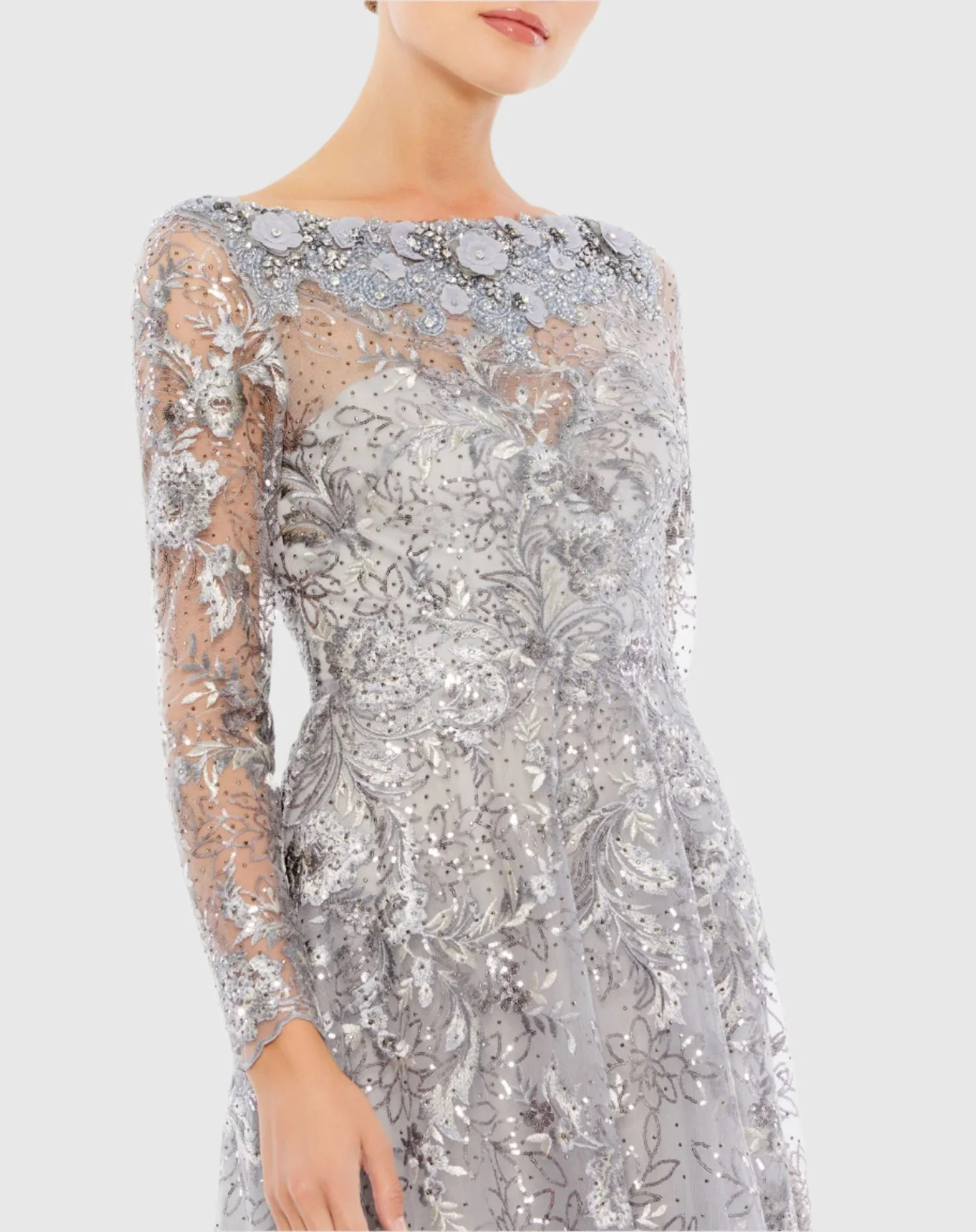 Gray Floral Embroidered Illusion Long Sleeve Gown