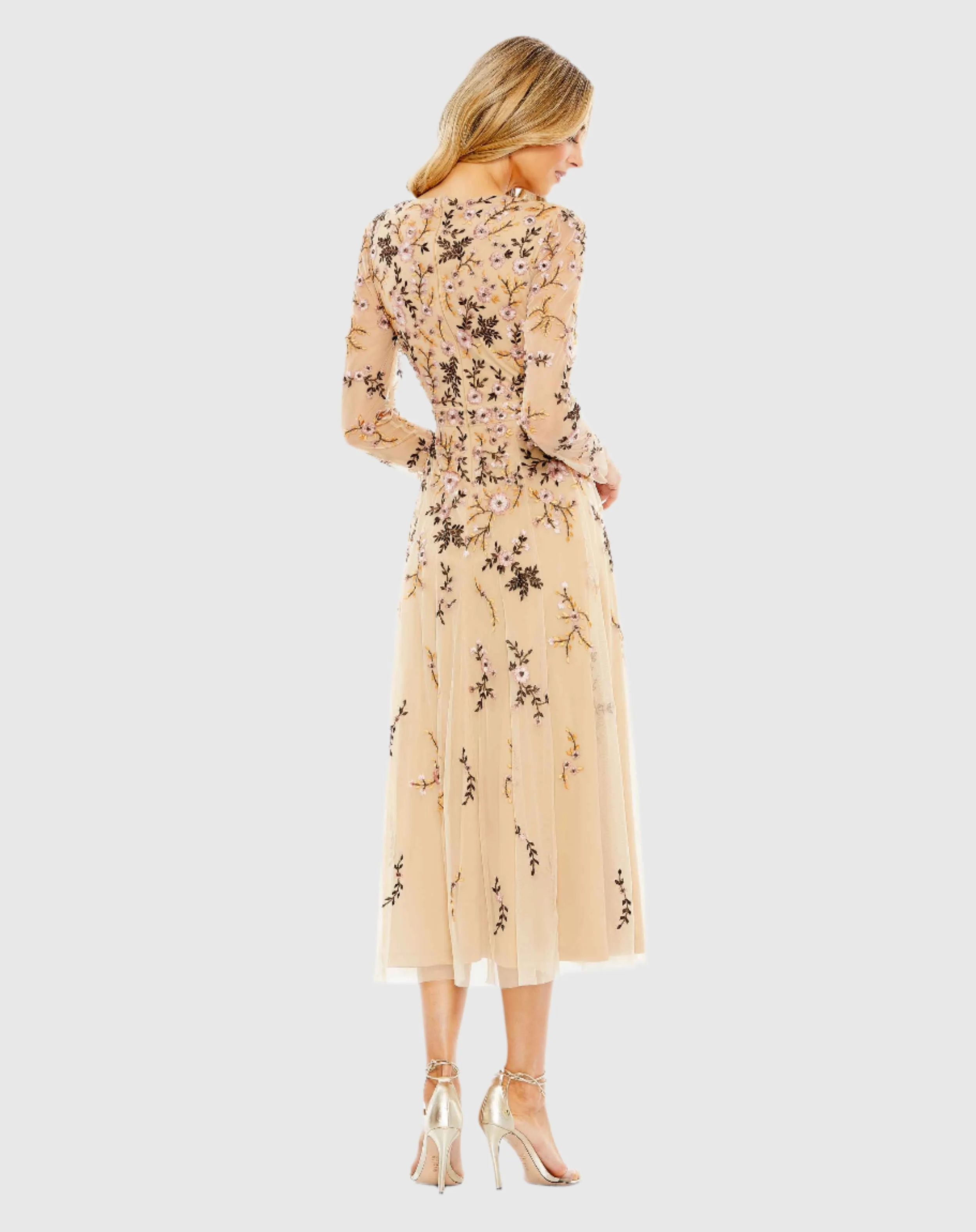 Beige Multicolor Floral Embroidered A-Line Cocktail Dress