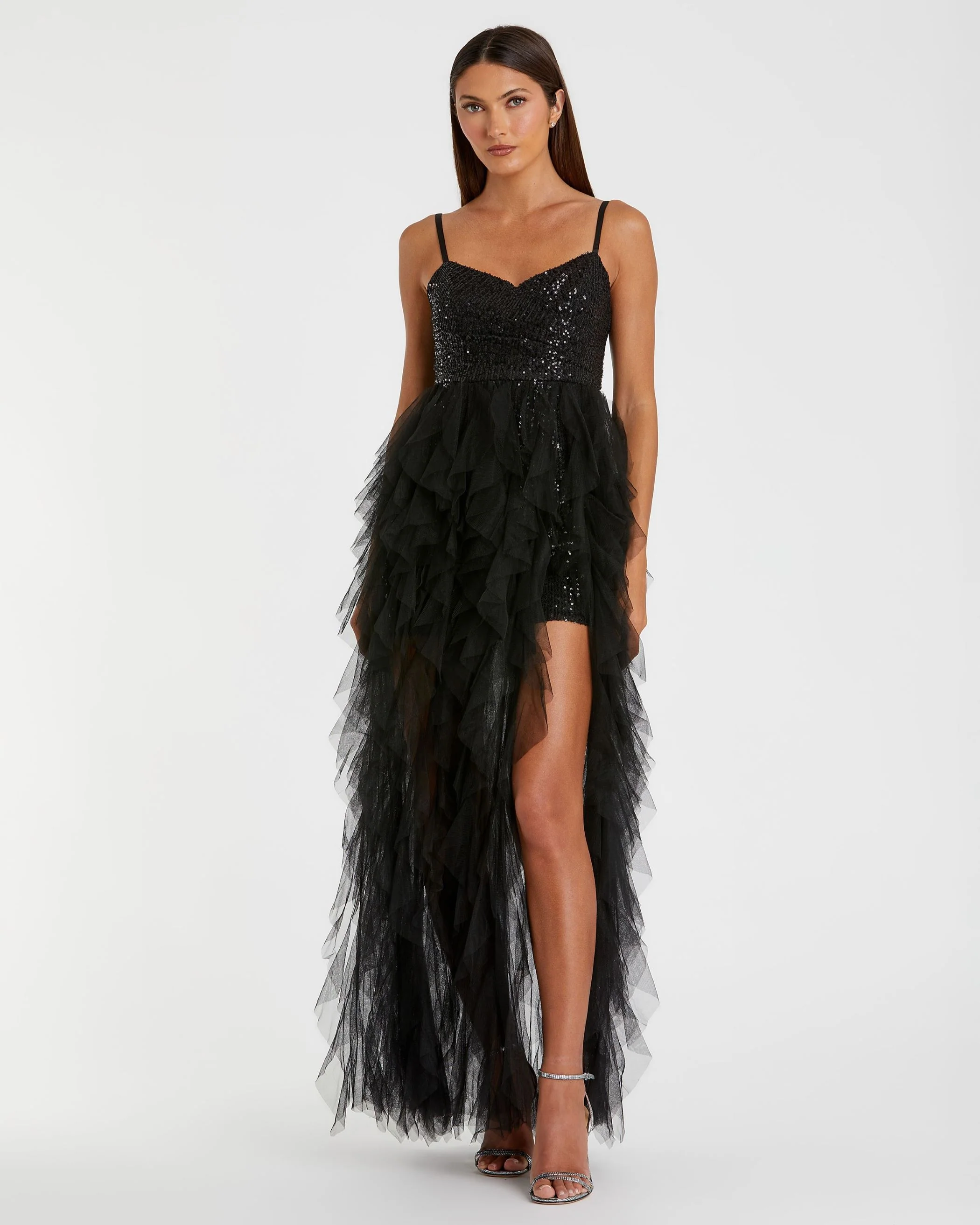 Black Sequin Mini with High Low Ruffle Tiered Train