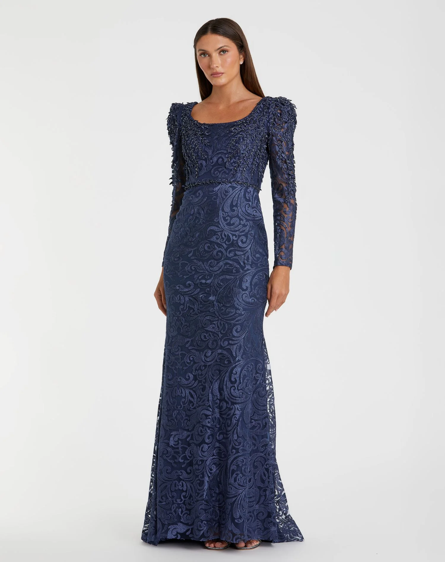 Embroidered Lace Applique Shoulder Detail Trumpet Gown
