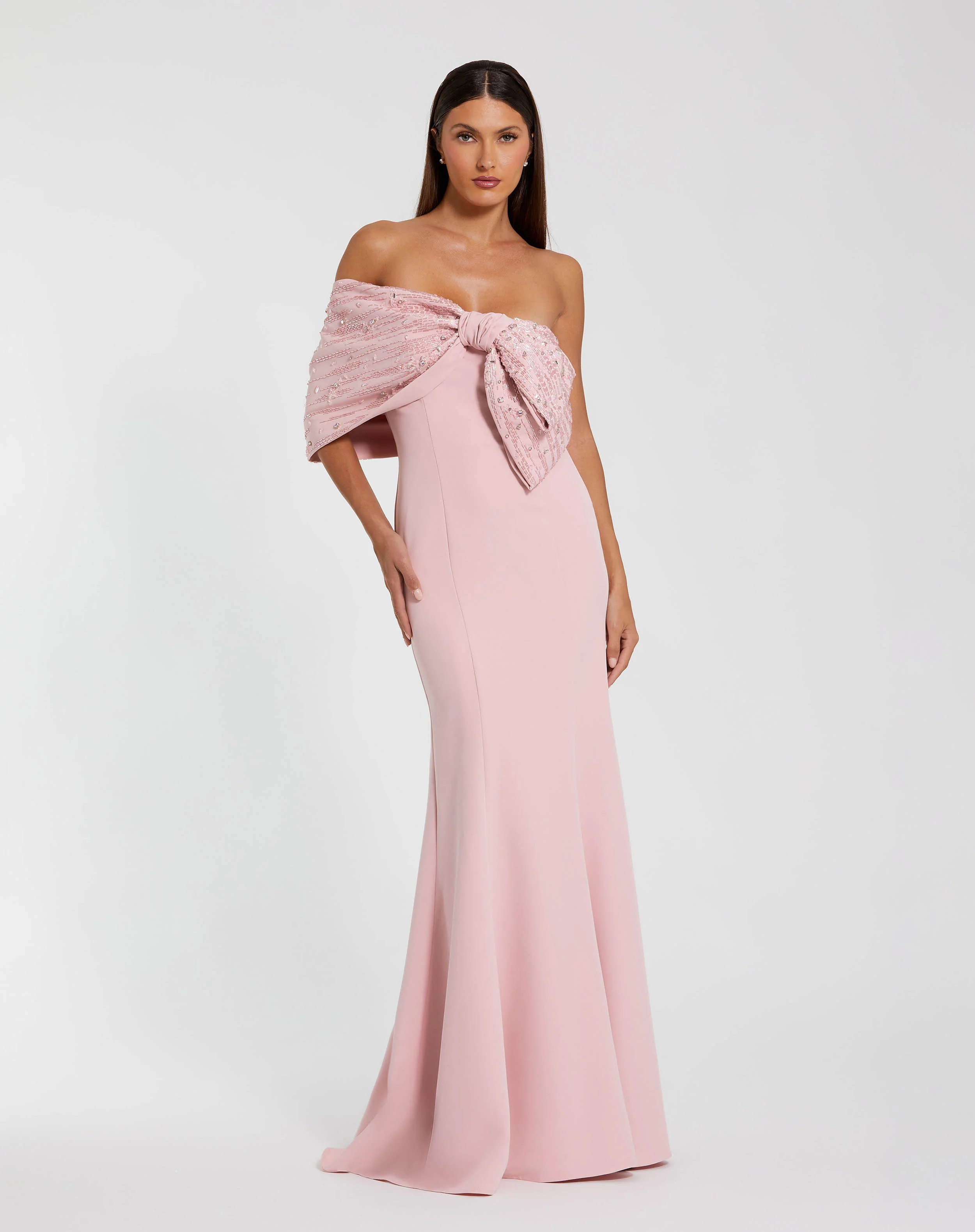 Pink Beaded Off The Shoulder Bow Satin Mermaid Gown