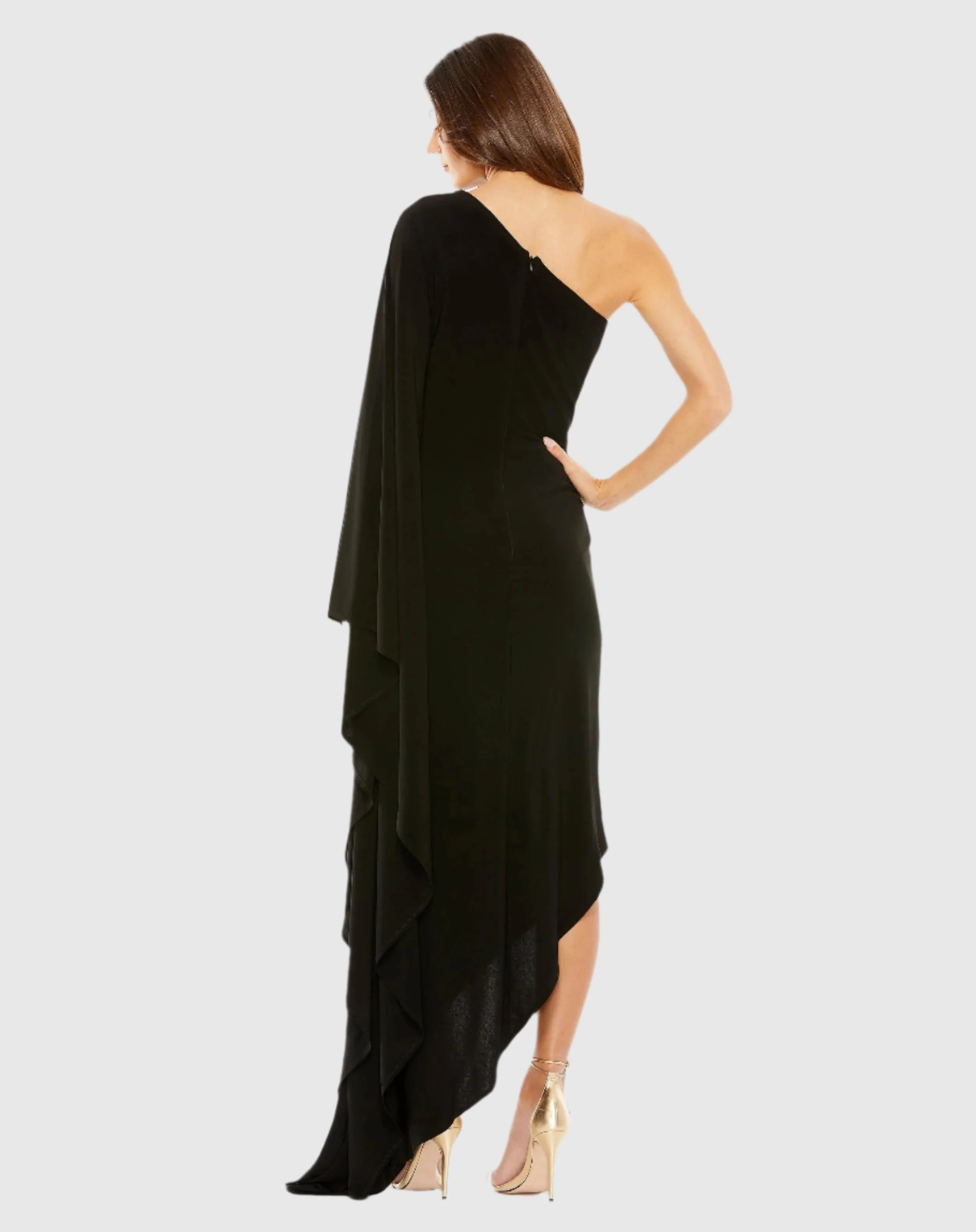 Black One Shoulder Cape Sleeve Ruched Detail Jersey Gown