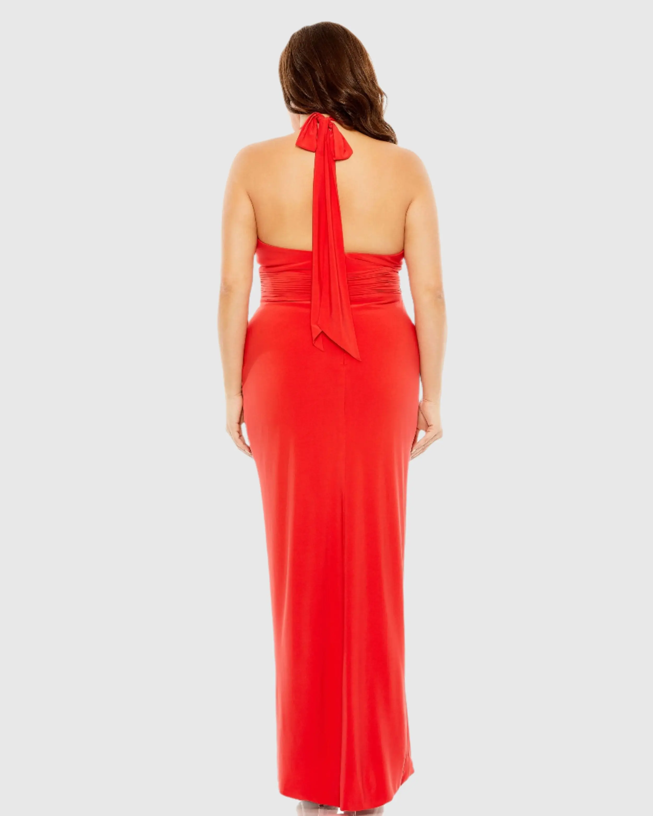 Red Halter Tie Keyhole Detail Gown with Slit
