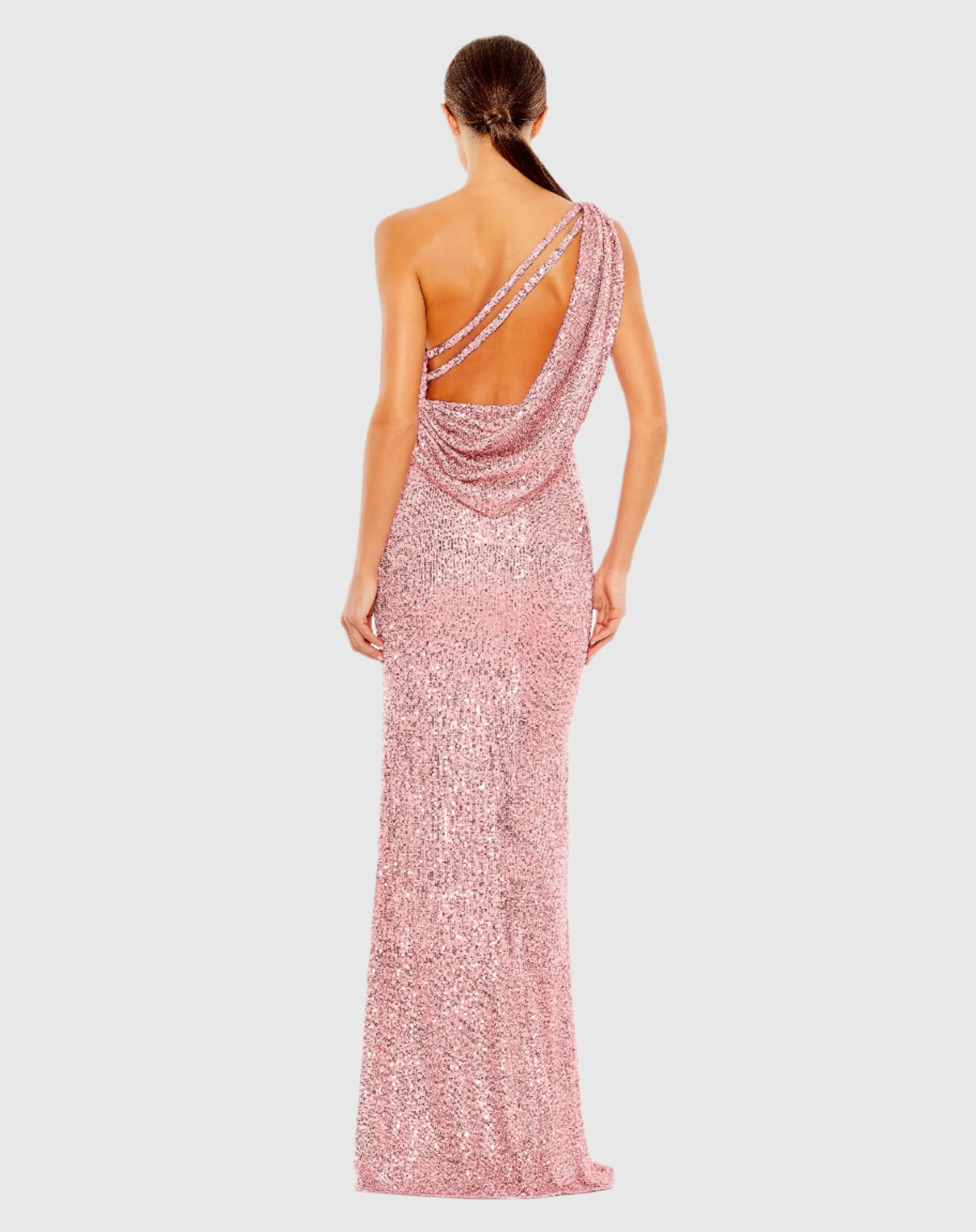 Light Pink Sequined One Shoulder Draped Back Gown