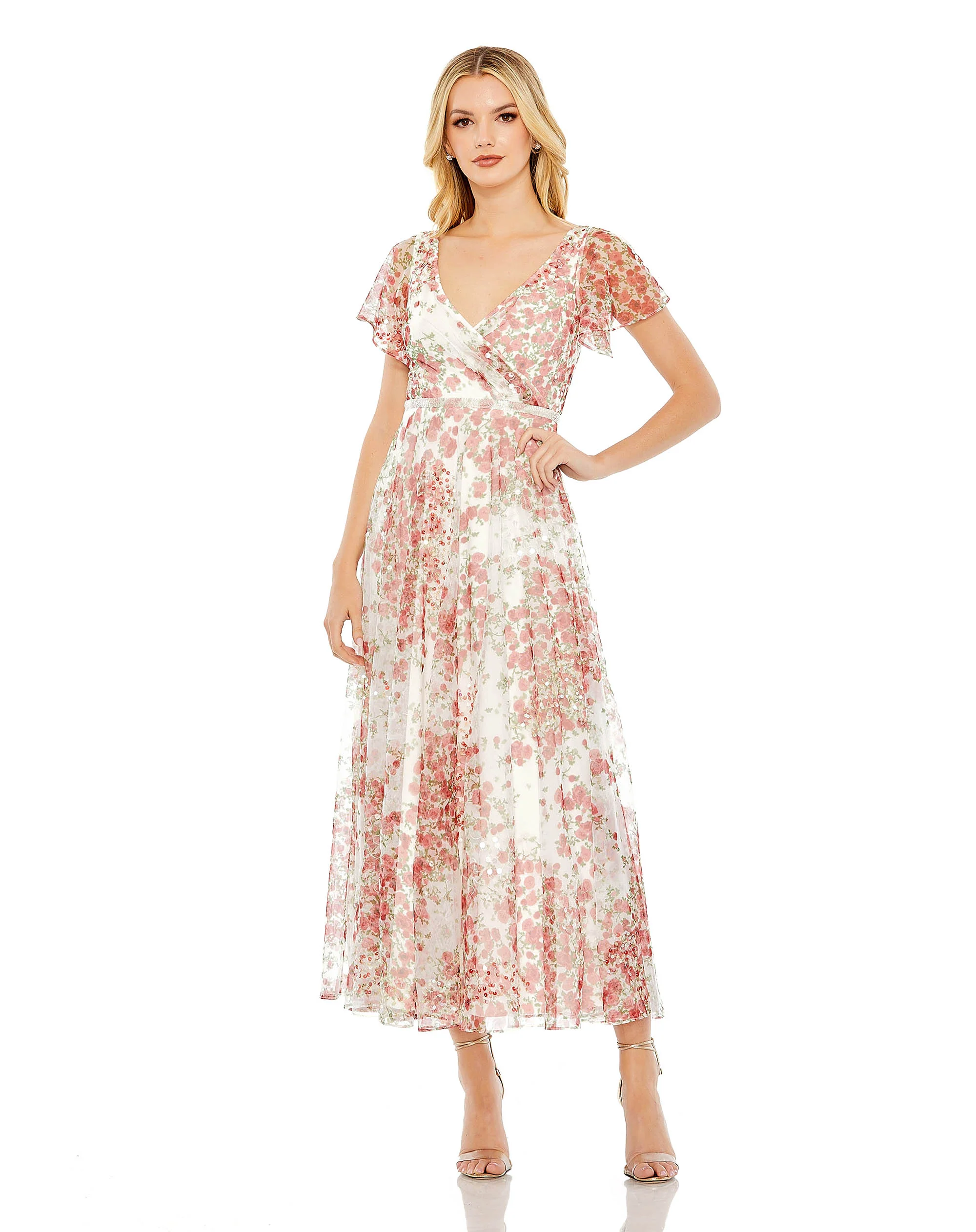 Floral Print Faux Wrap Flutter Sleeve A Line Dress | Sample | Sz. 2