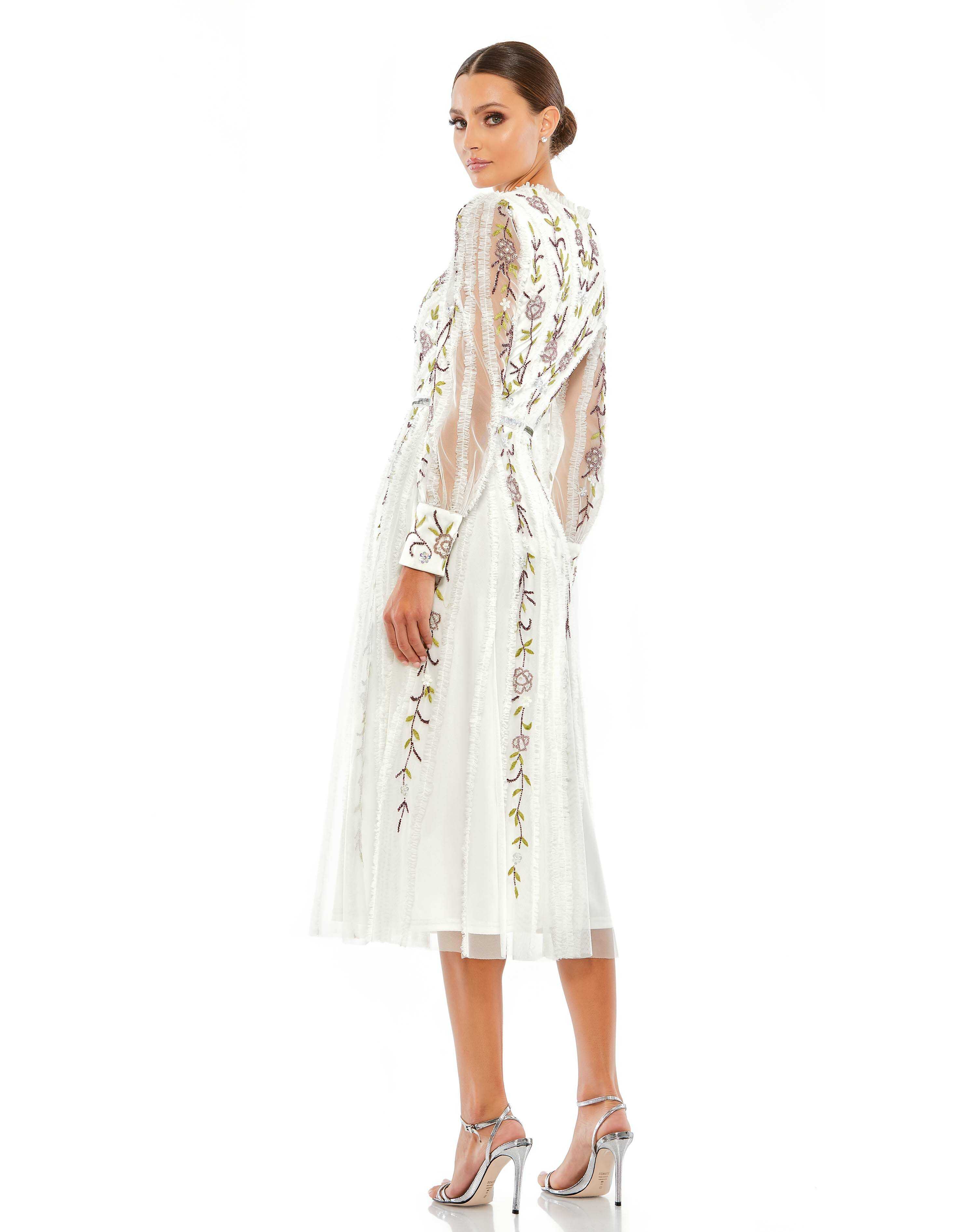 White Long Sleeve Embroidered Wrap Midi Dress