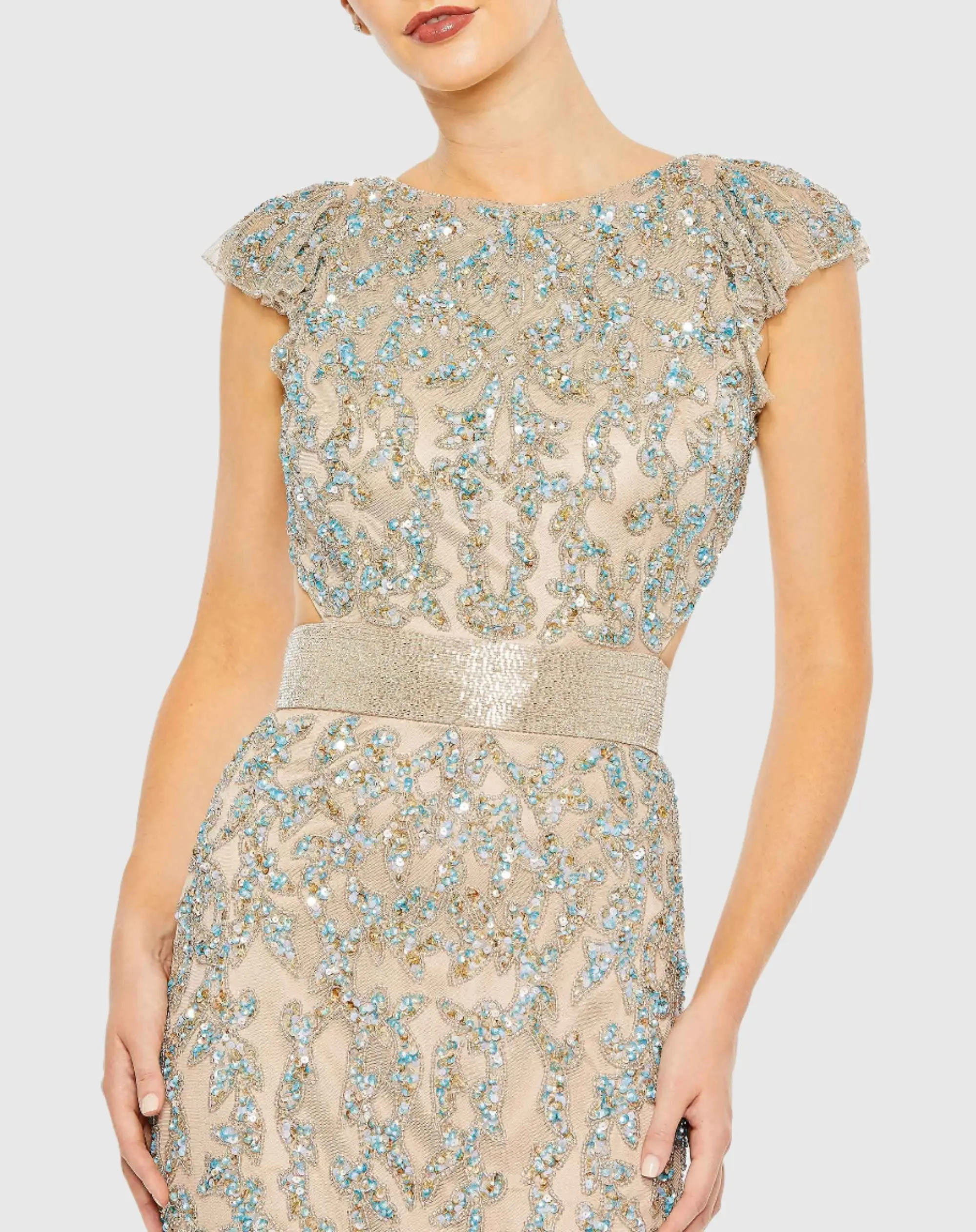 Damask Sequin Embellished Open Back Lace Up Cap Sleeve Gown