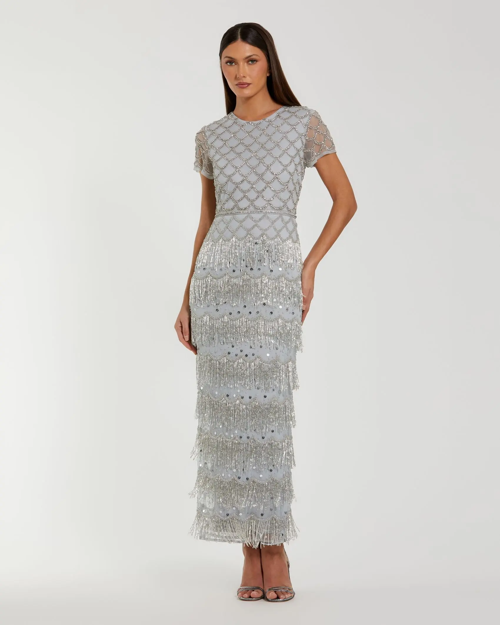 Blue Fringe Embellished Mesh Ankle Length Dress