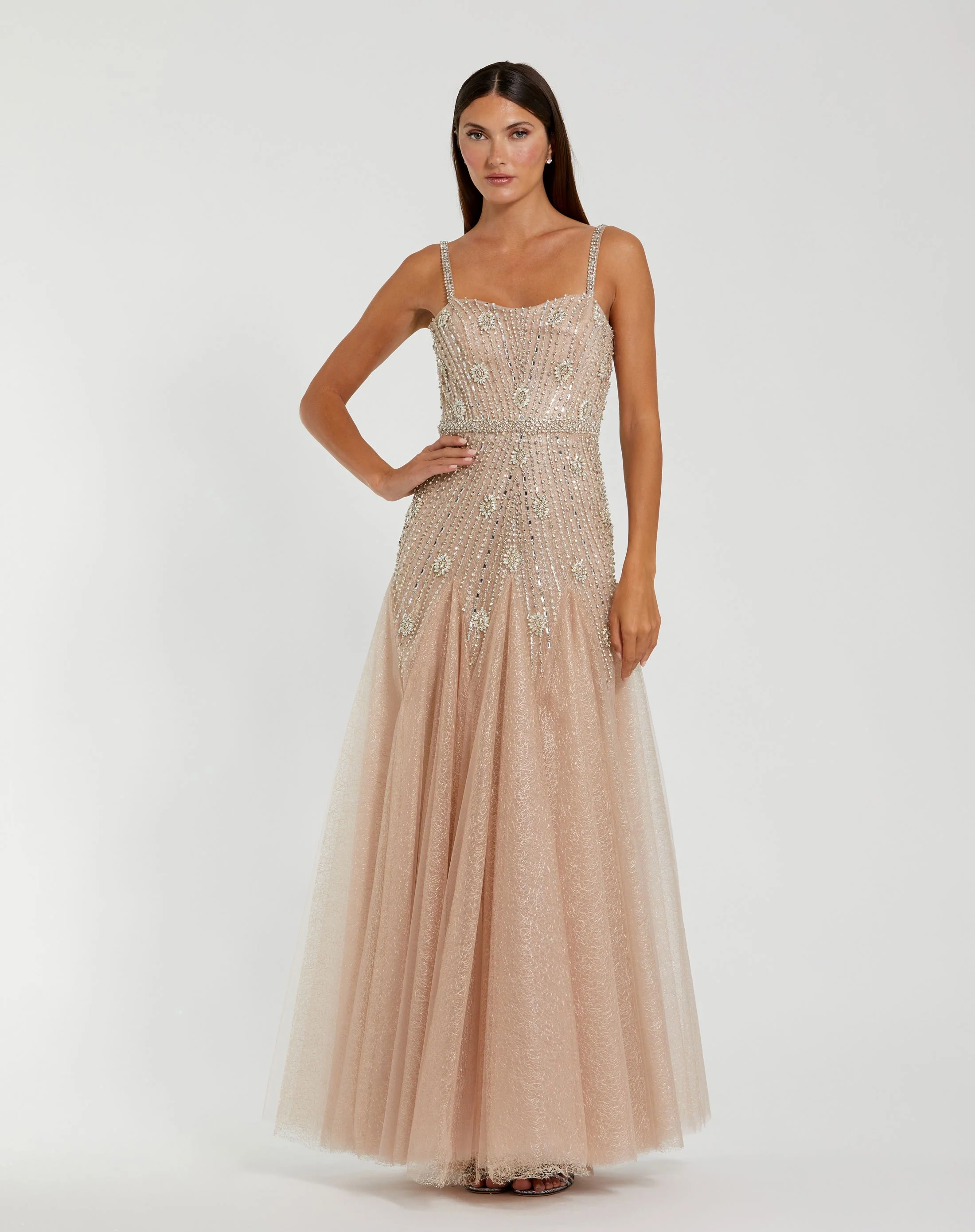 Beige Slim Strap Embellished Bustier Gown