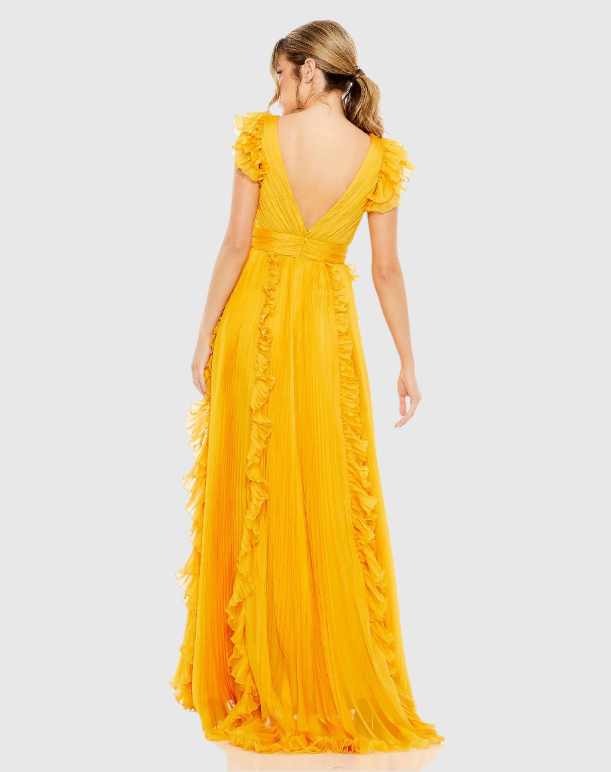 Yellow Pleated Ruffle Cap Sleeve Flowy A Line Gown