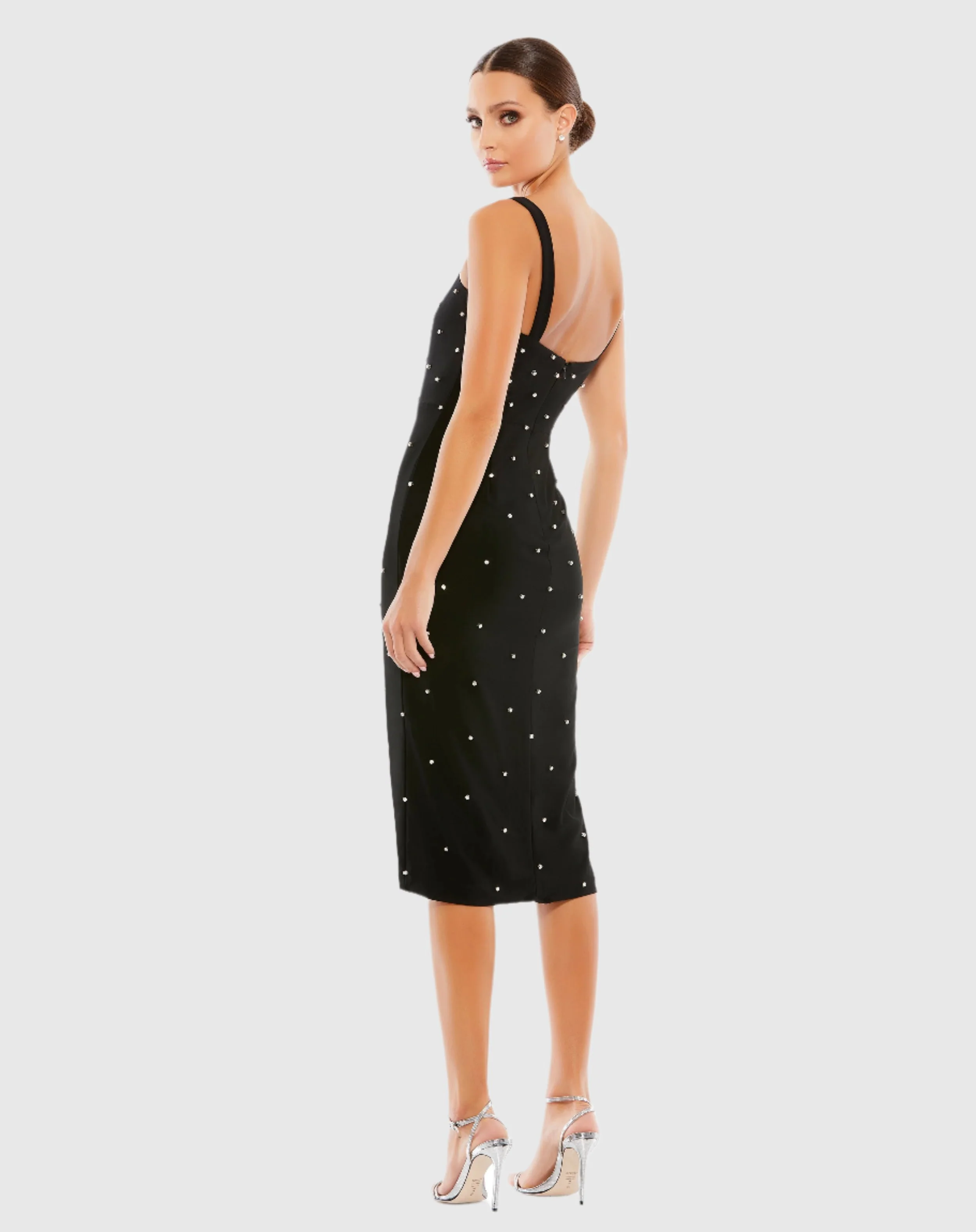 Sleeveless Rhinestone Encrusted Square Neck Midi Dress