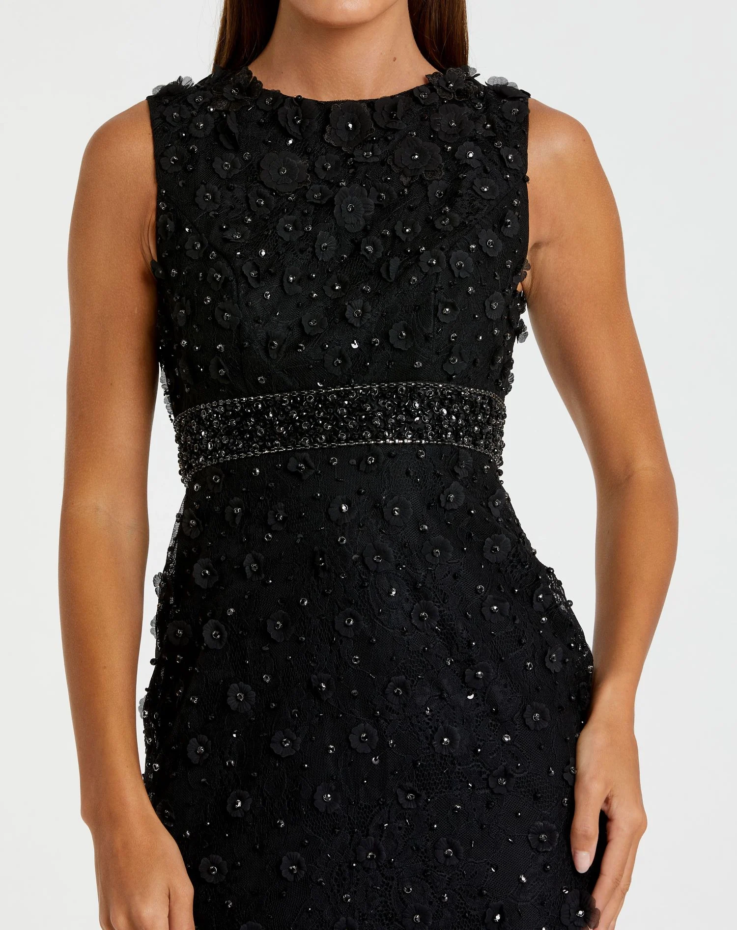 Black Floral Applique Sleeveless Midi Dress