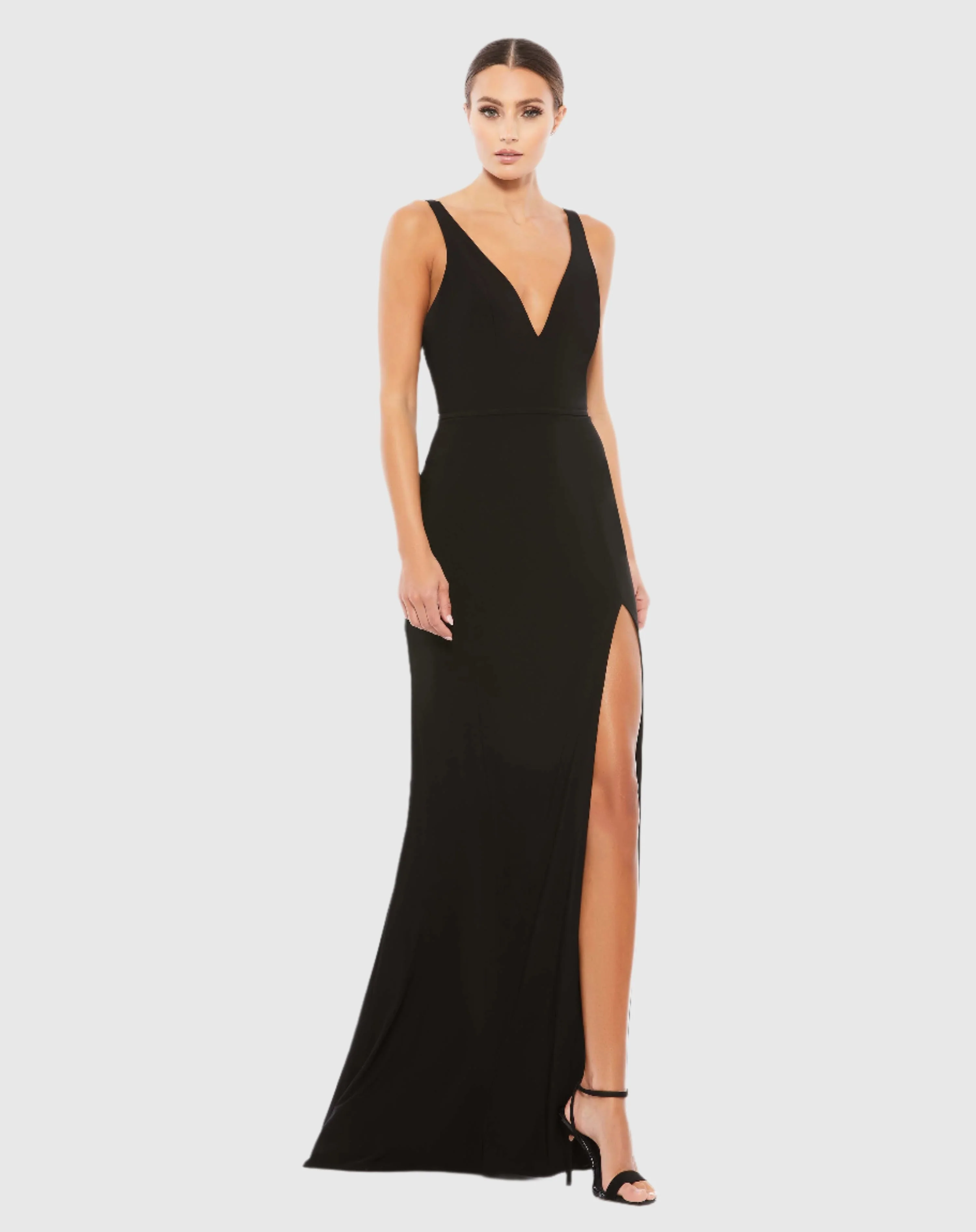 Black Plunge Neck High Slit Gown