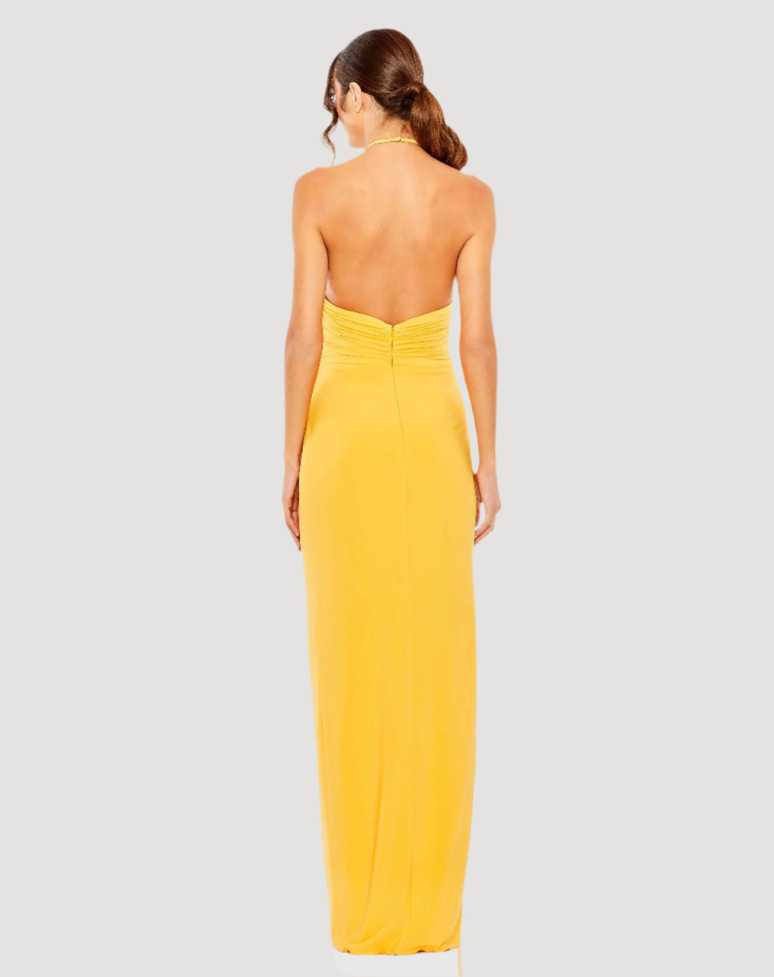 Yellow Halter Neck Ruched Side Front Slit Gown