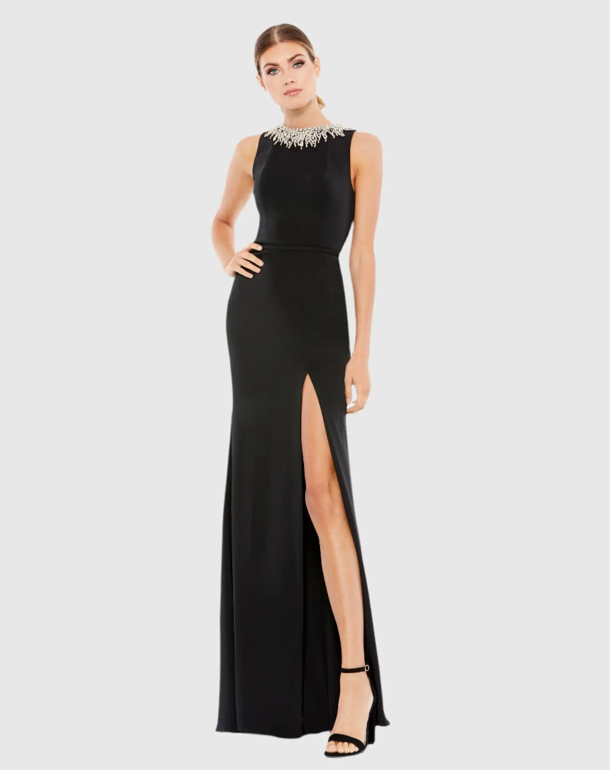 Sleeveless Rhinestone Collar Column Gown