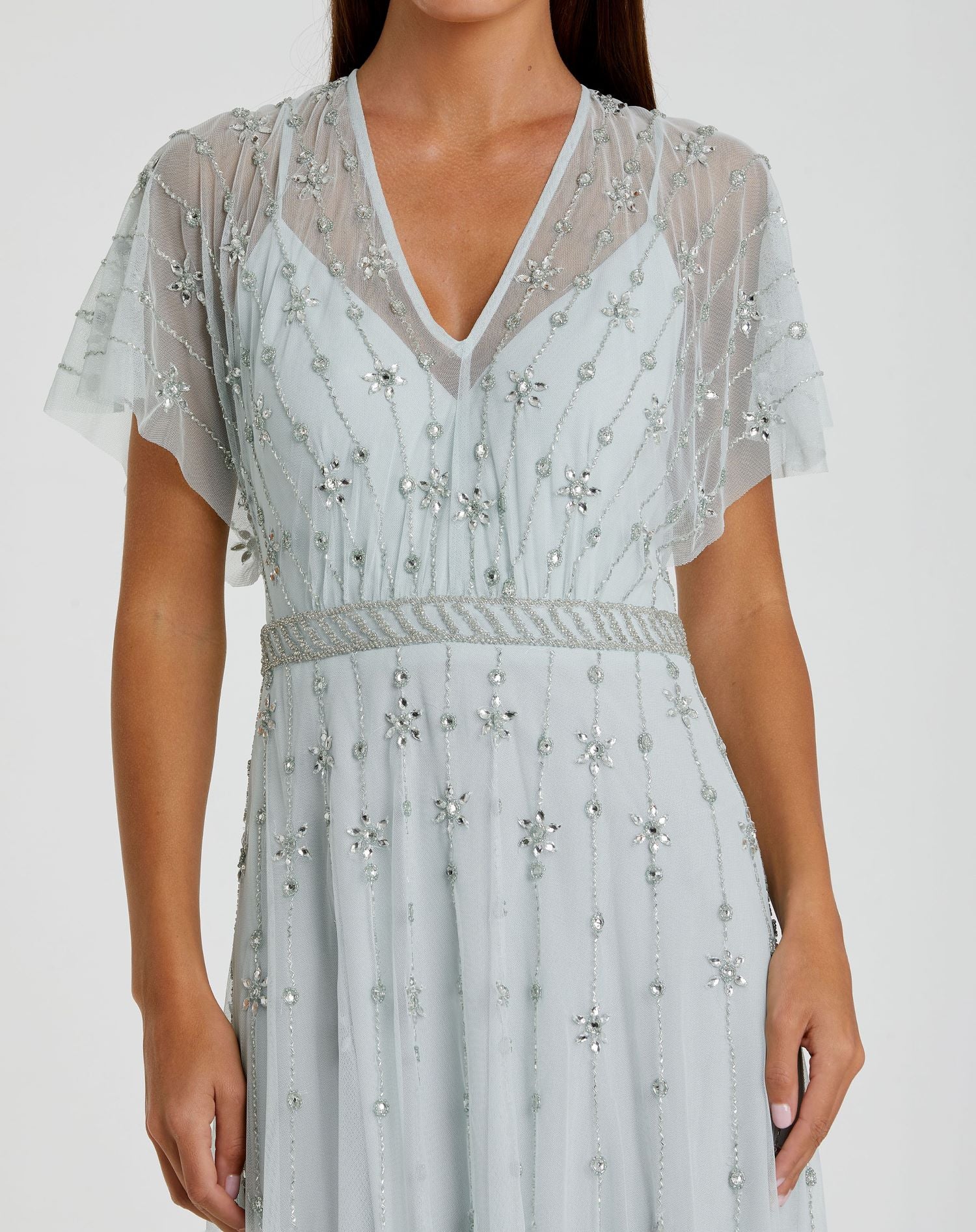 Blue V Neck Embellished Flutter Sleeve A Line Gown