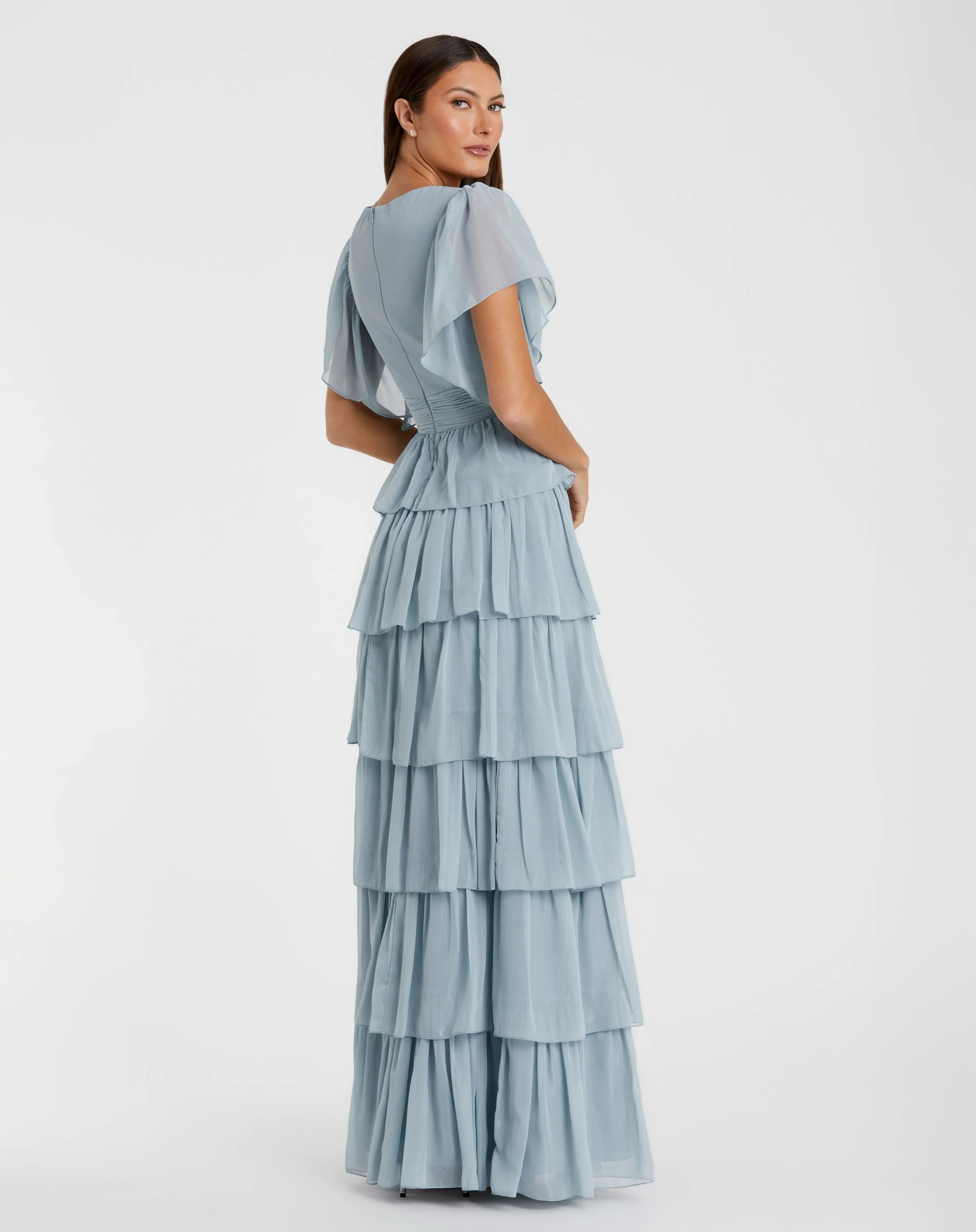 Blue Flutter Sleeve Ruffle Tiered Gown
