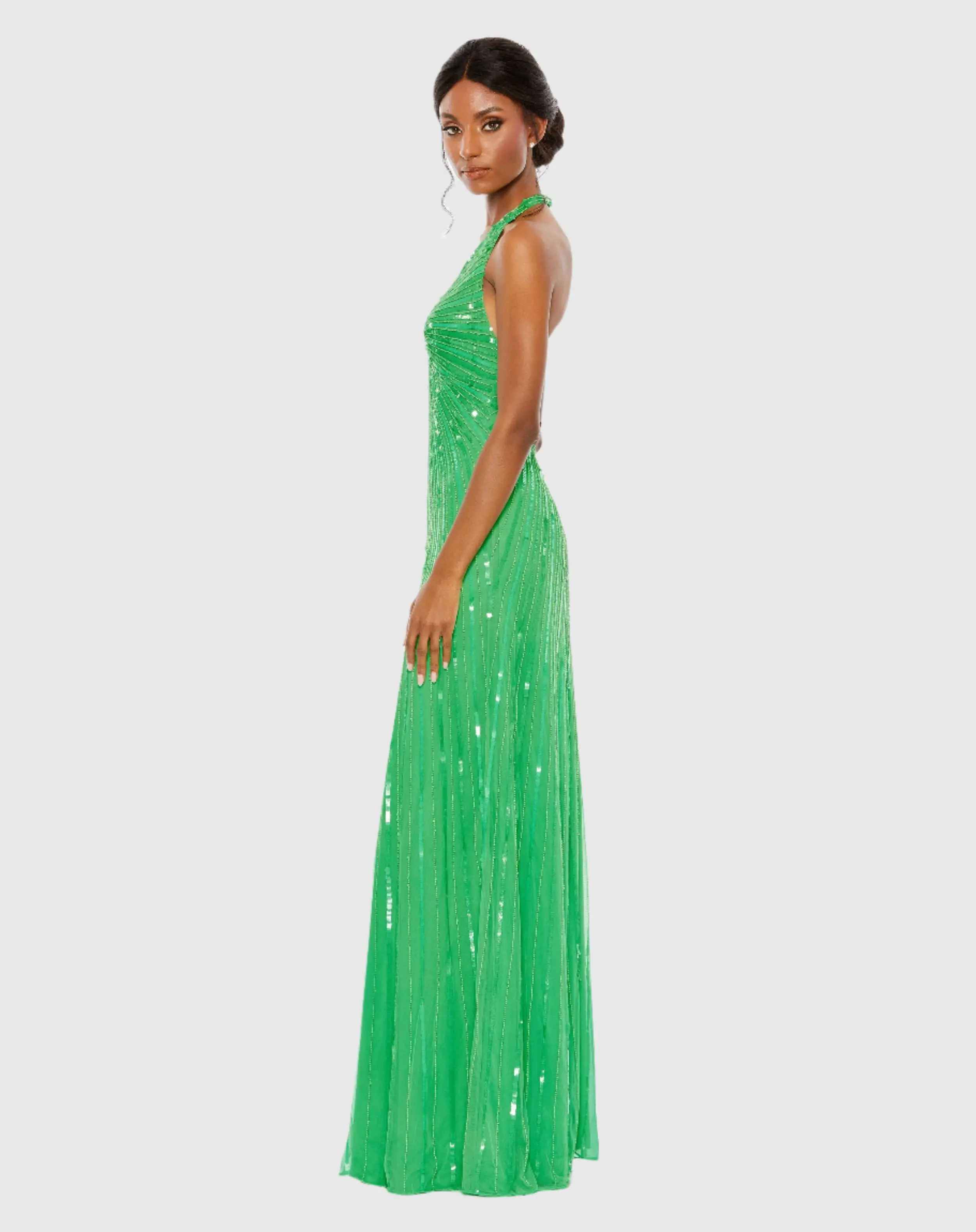 Sequined Halter Strap V Neck Column Gown
