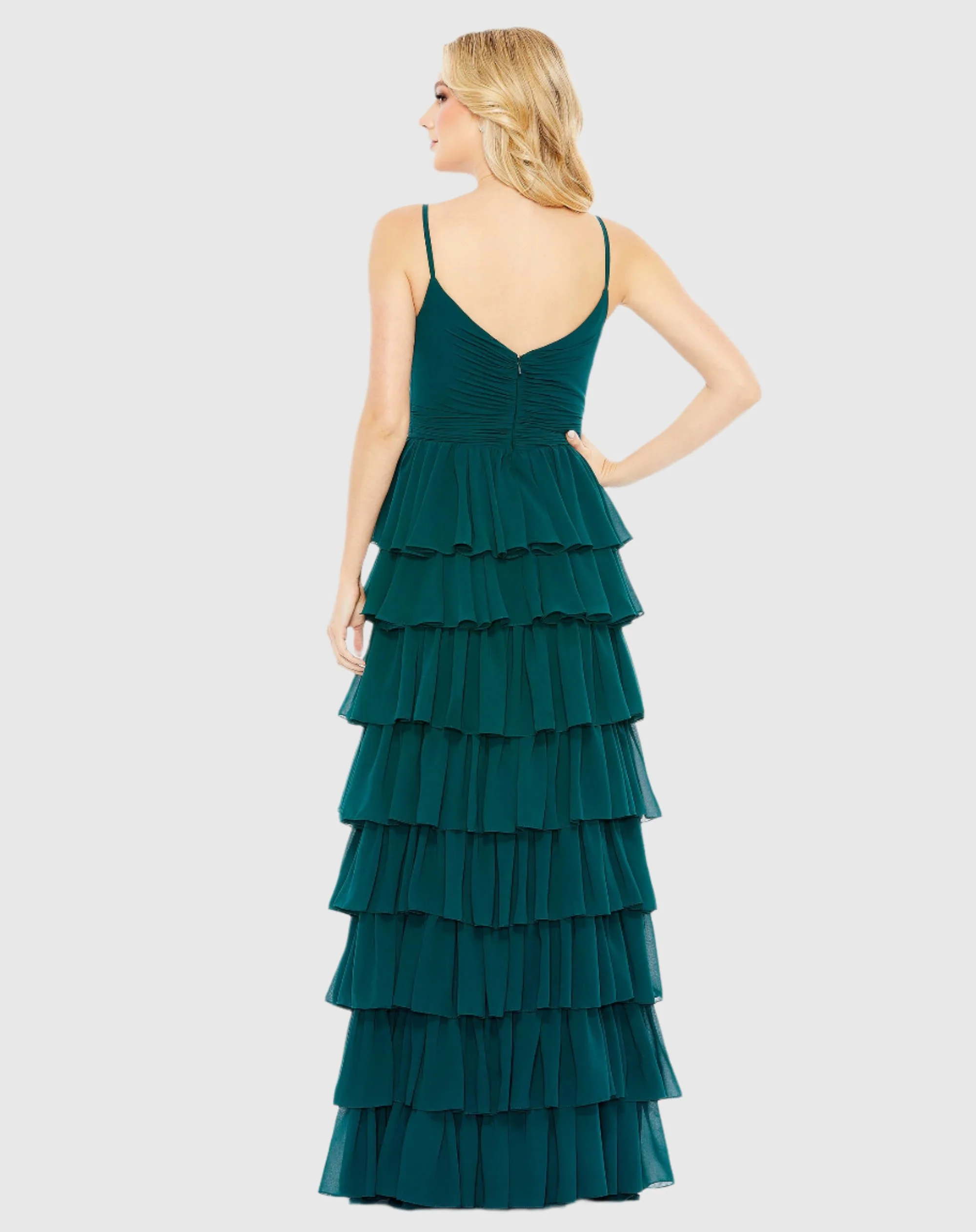 Green V-Neck Sleeveless Gown with Ruffled Skirt