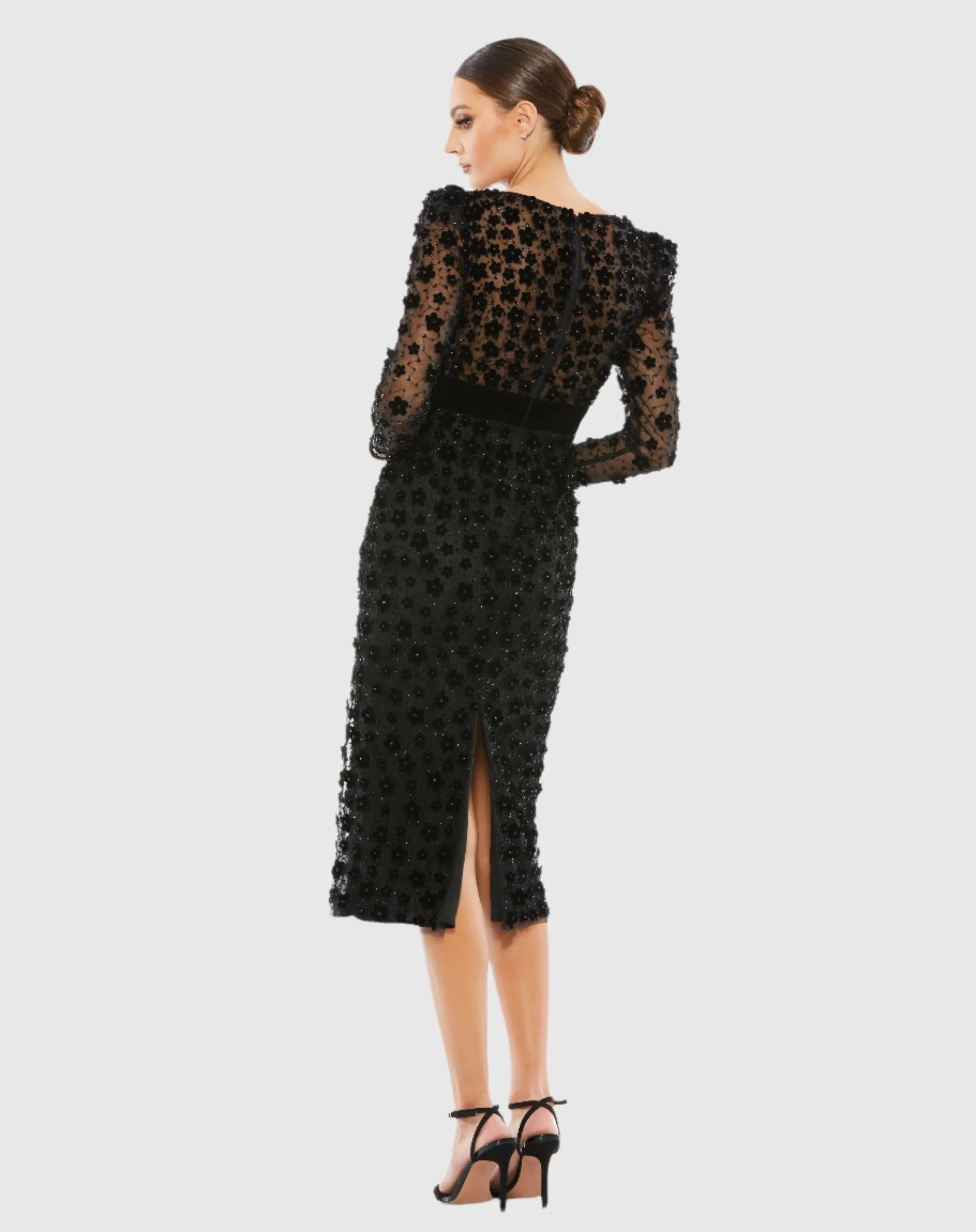 Black Embellished V Neck Illusion Long Sleeve Column Midi