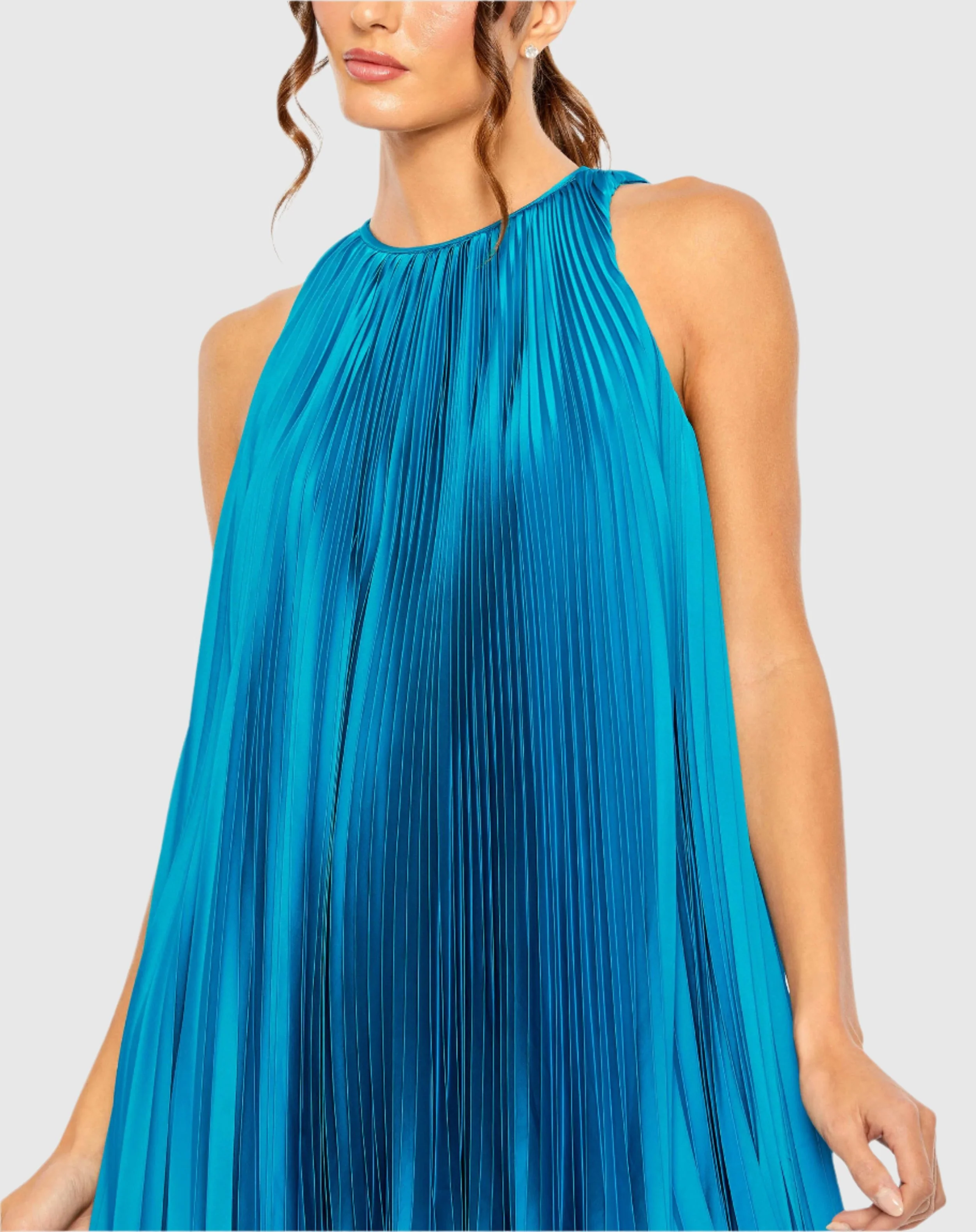 Blue Pleated Halter Neck Flowy Mini Trapeze Dress
