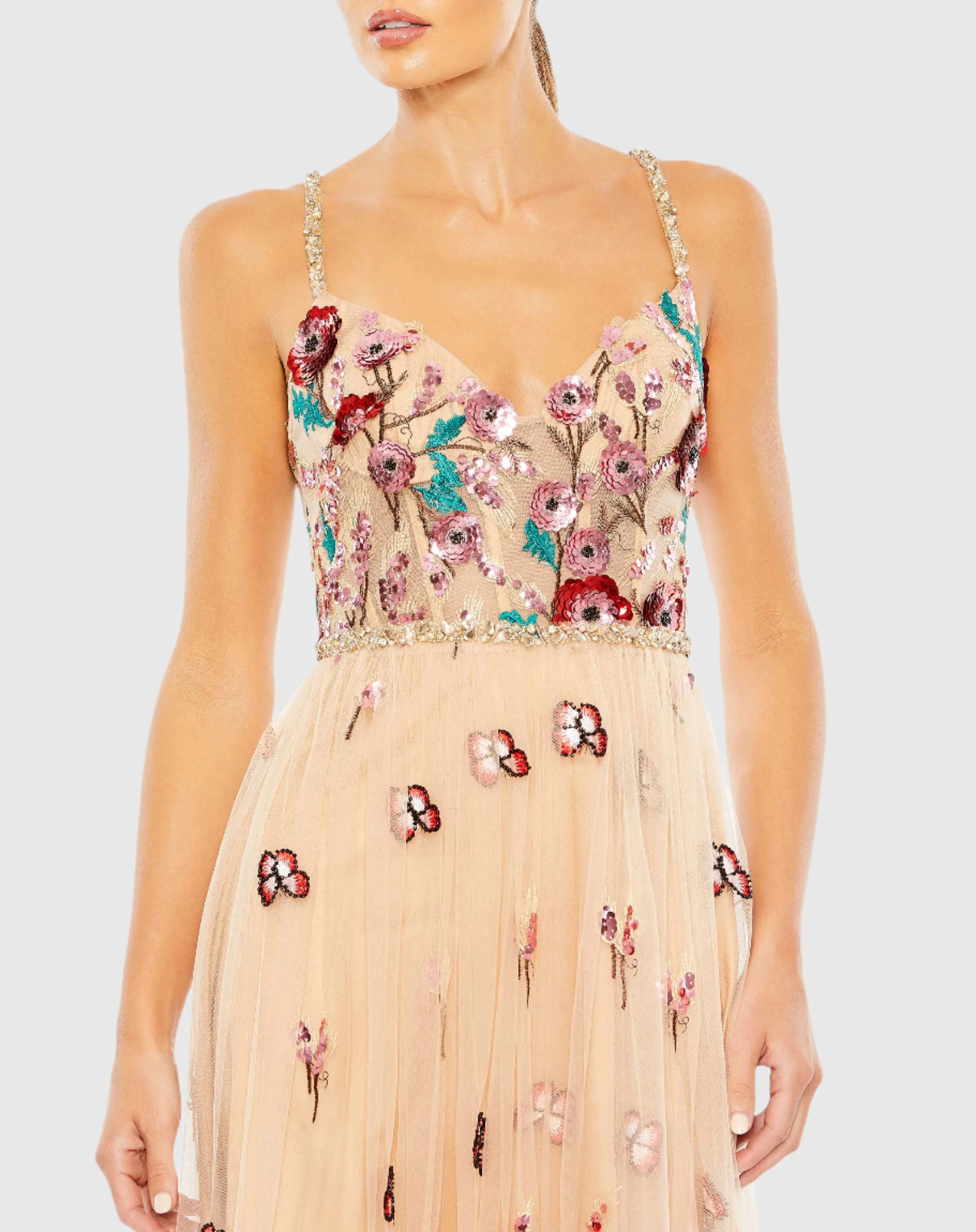 Embellished Floral Detail A Line Gown