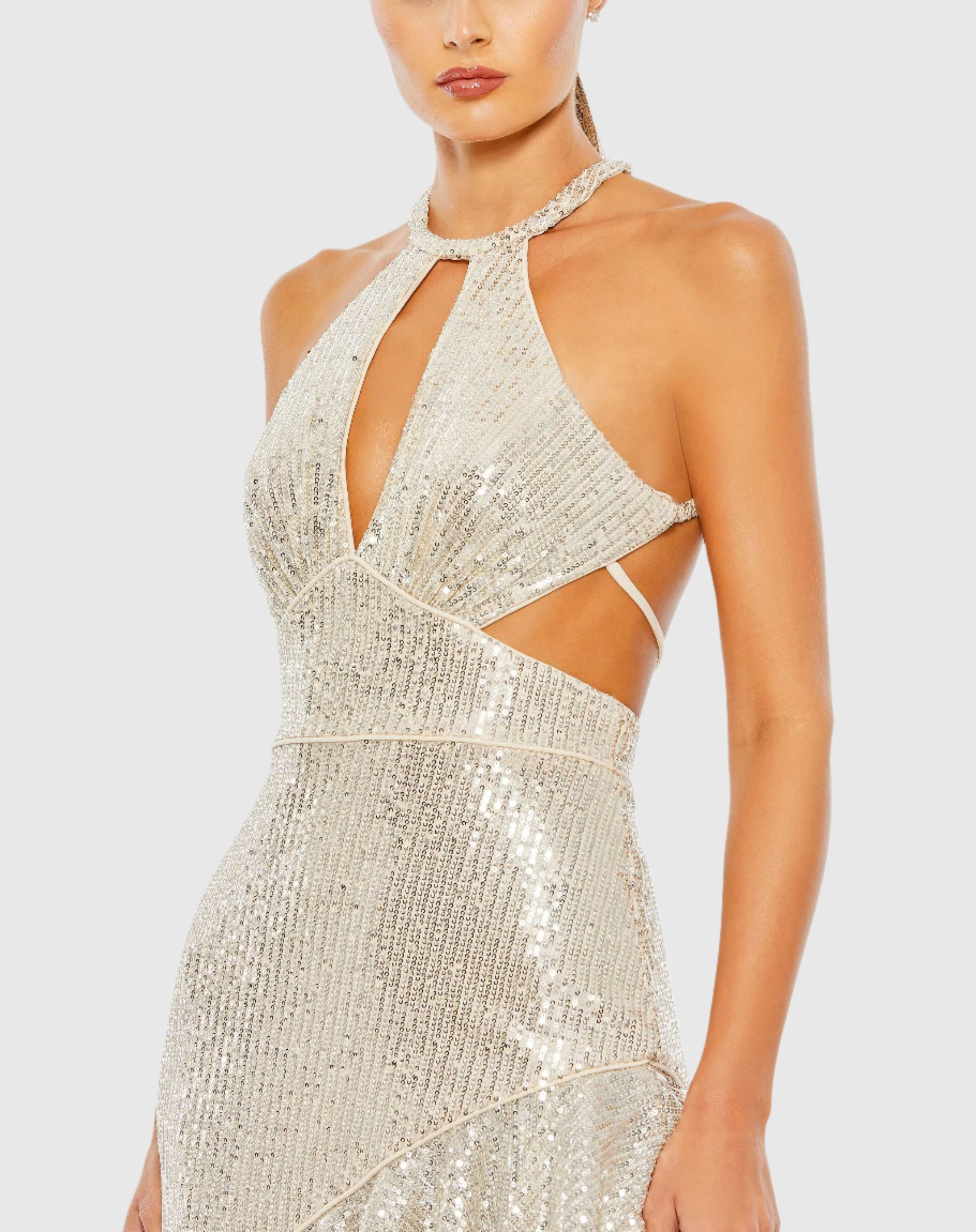 Silver Sequined Halter Cut Out Ruffle Asymmetrical Dress