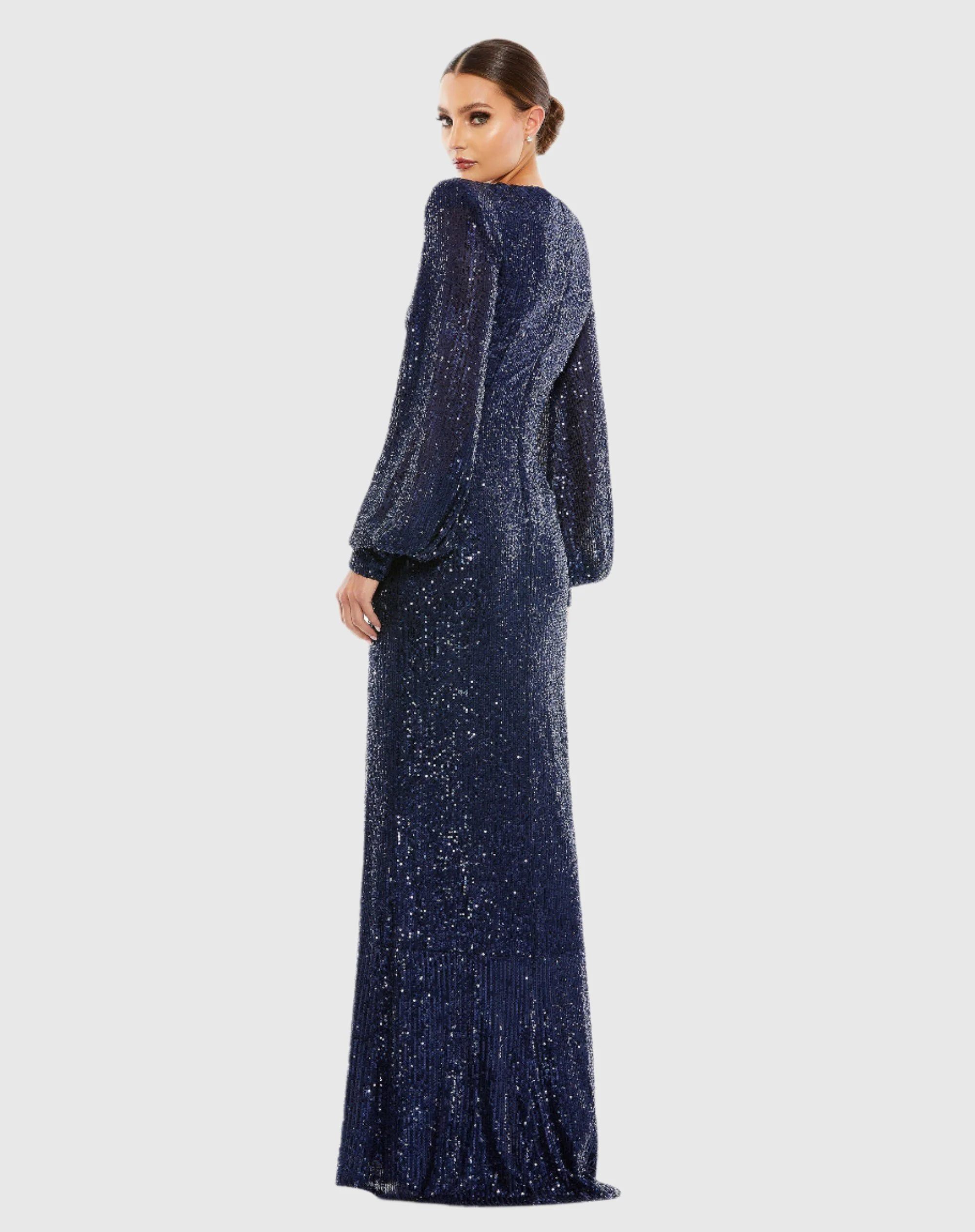 Blue Sequined Plunge Neck Structured Bishop Sleeve Gown