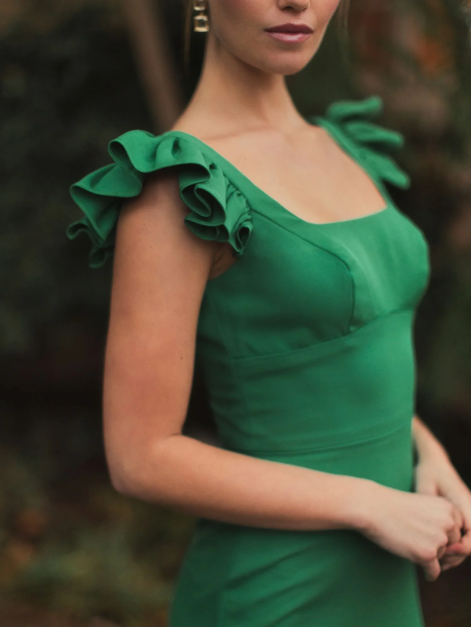Green Ruffle Cap Sleeve Open Back Column Gown